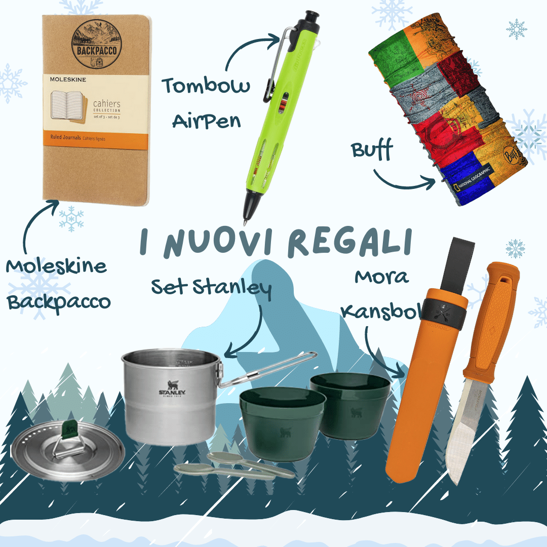 i regali di backpacco.it con ogni ordine: Moleskine di backpacco, Tombow AirPen, Buff National Geographic, Set gavetta Stanley per 2, Morakniv Kansbol arancione con fodero