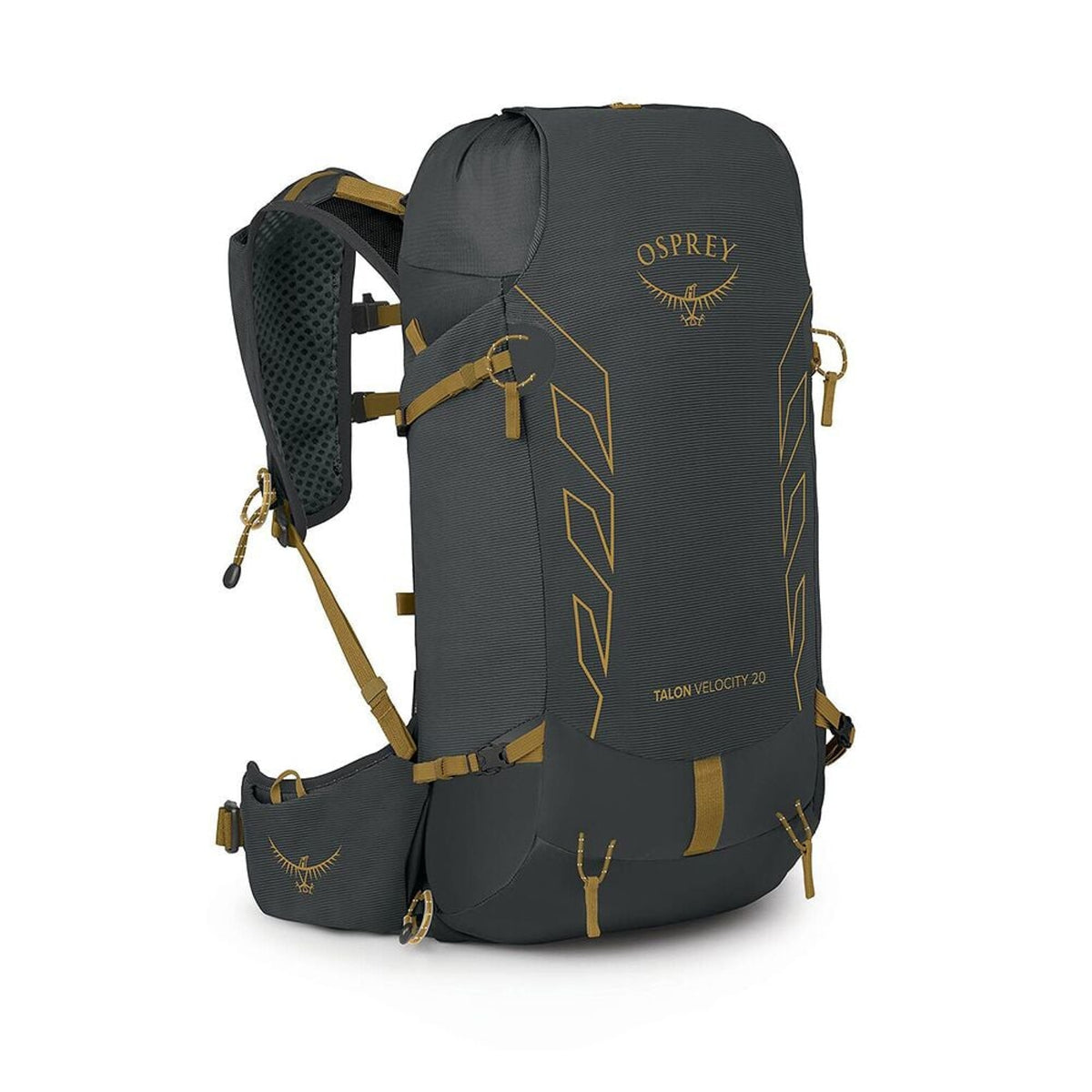 Zaino da trekking leggero e fastpacking Osprey Talon Velocity 20 da 20 litri, design aerodinamico per attività veloci in montagna, con spallacci ventilati in mesh e dettagli di colore a contrasto