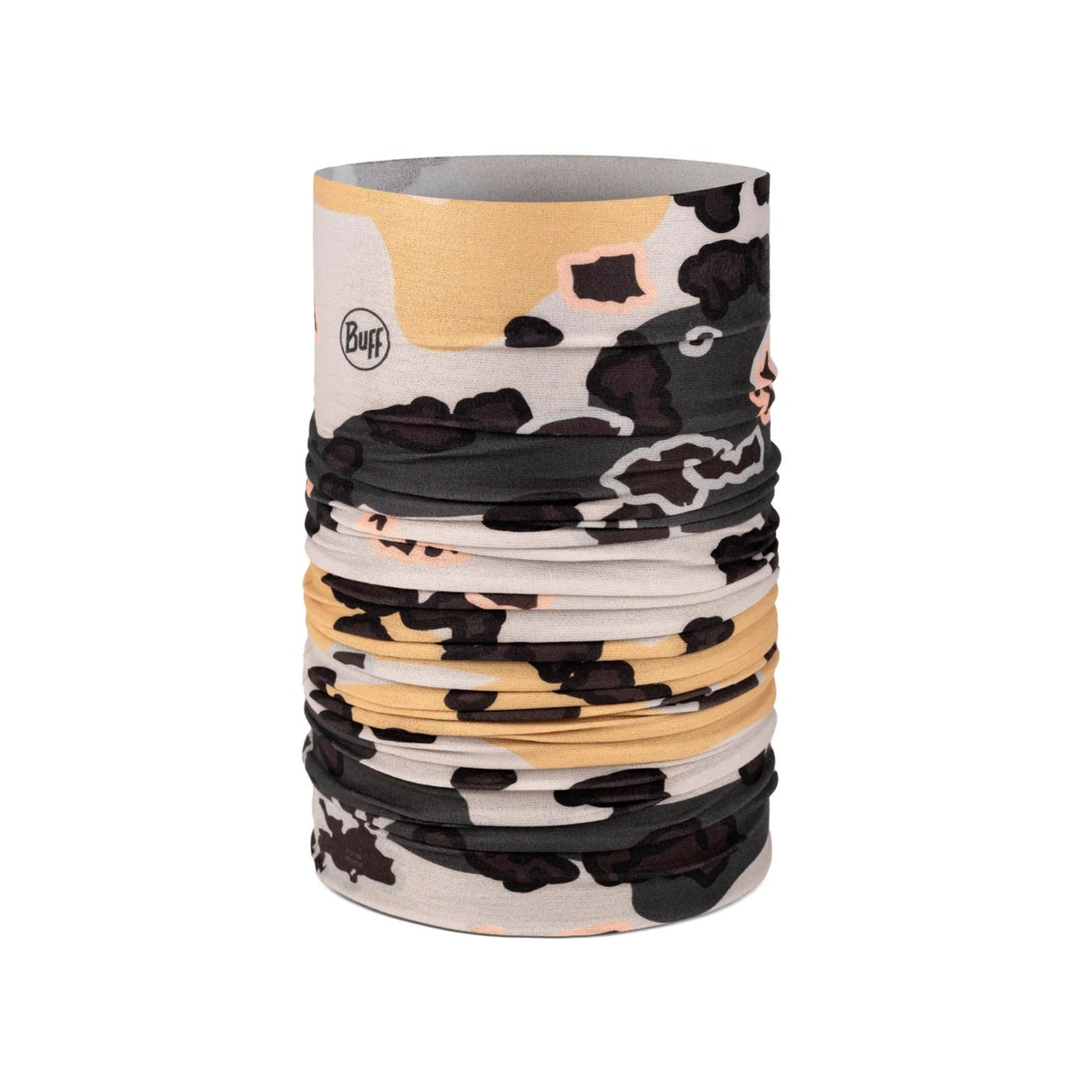 Buff CoolNet UV Neckwear Insect Shield Teroy Multi scaldacollo tubolare multifunzione con protezione solare e tecnologia repellente per insetti. Dettaglio del tessuto tecnico elasticizzato e traspirante con motivo grafico astratto in evidenza su sfondo bianco per catalogo e-commerce.