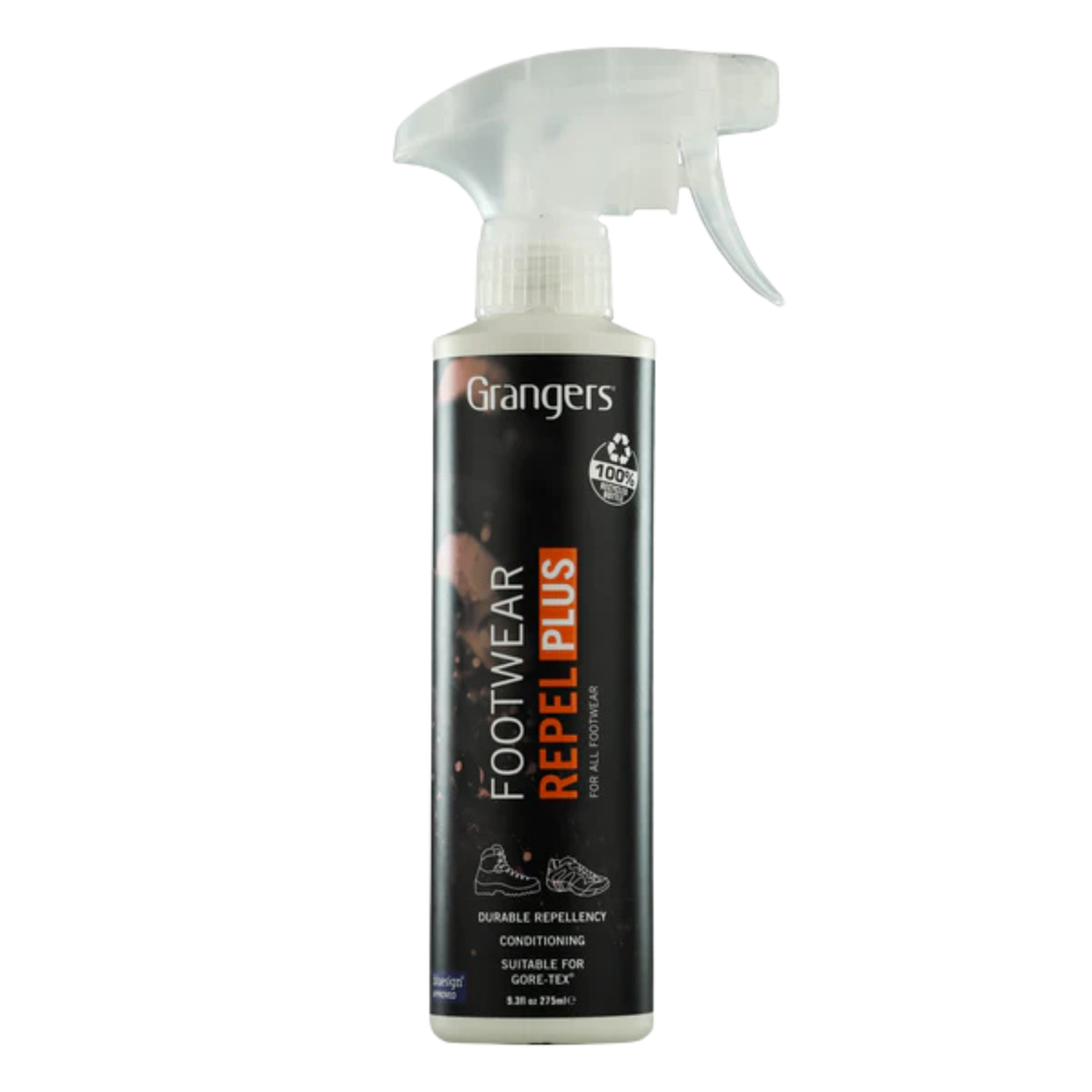 Grangers Footwear Repel Plus, spray impermeabilizzante e condizionante per scarpe e calzature, trattamento DWR (Durable Water Repellency) sicuro per Gore-Tex, flacone da 275ml, su backpacco.it