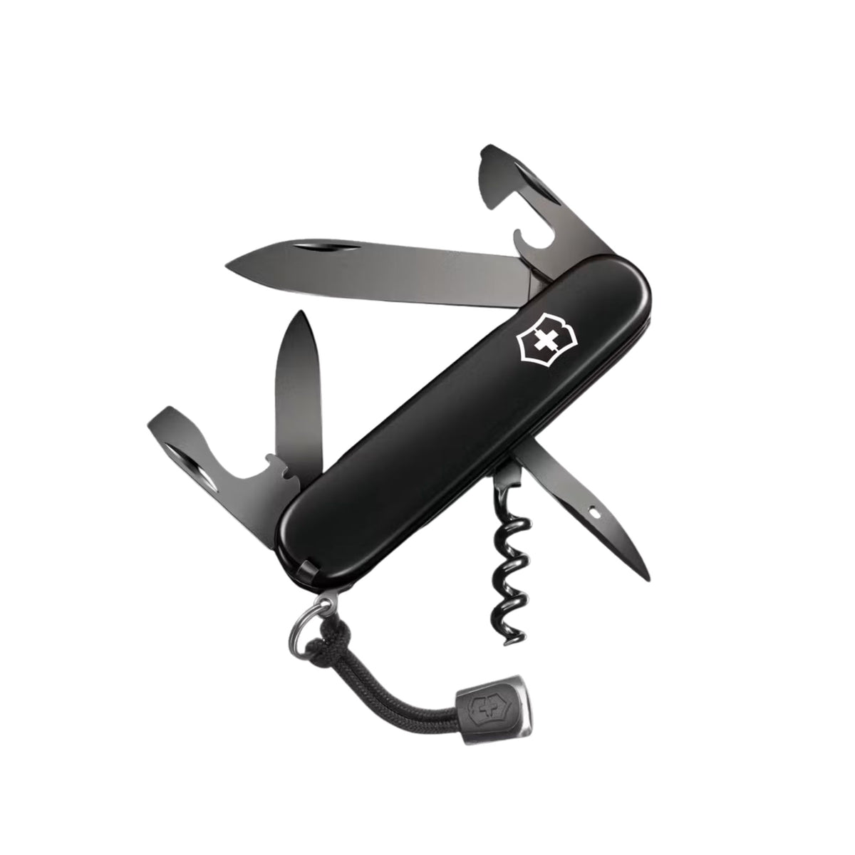 Victorinox Spartan Onyx Black coltellino multiuso con 13 funzioni tra cui lama grande, lama piccola, cavatappi e apriscatole caratterizzato da una finitura nera monocromatica lucida ottenuta tramite processo polispettrale per un design elegante e resistente.