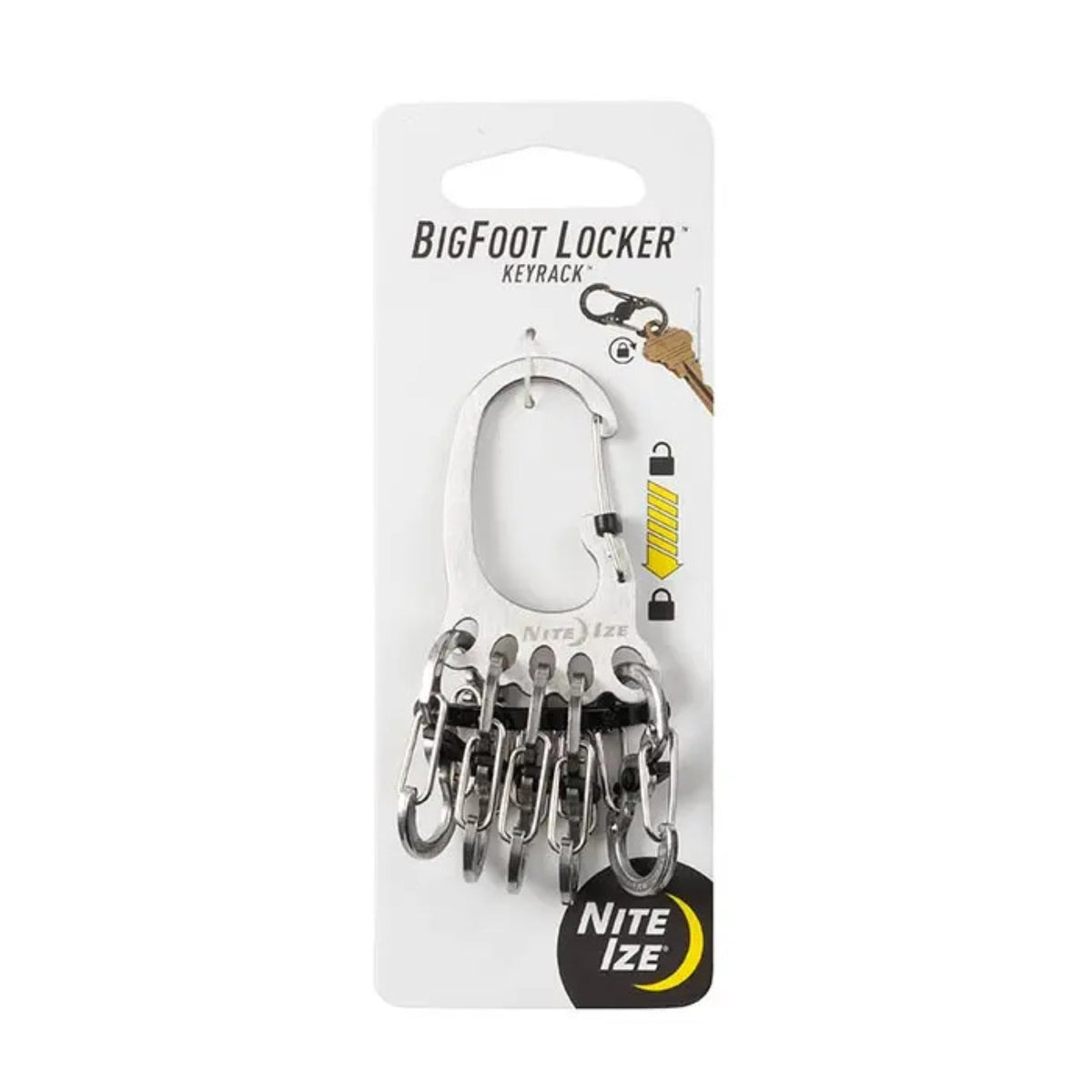 Nite Ize Bigfoot Locker Keyrack Stainless Steel moschettone portachiavi a forma di impronta con cinque piccoli S-Biner MicroLock con blocco, chiusura di sicurezza a scorrimento centrale per organizzazione chiavi e attrezzatura EDC