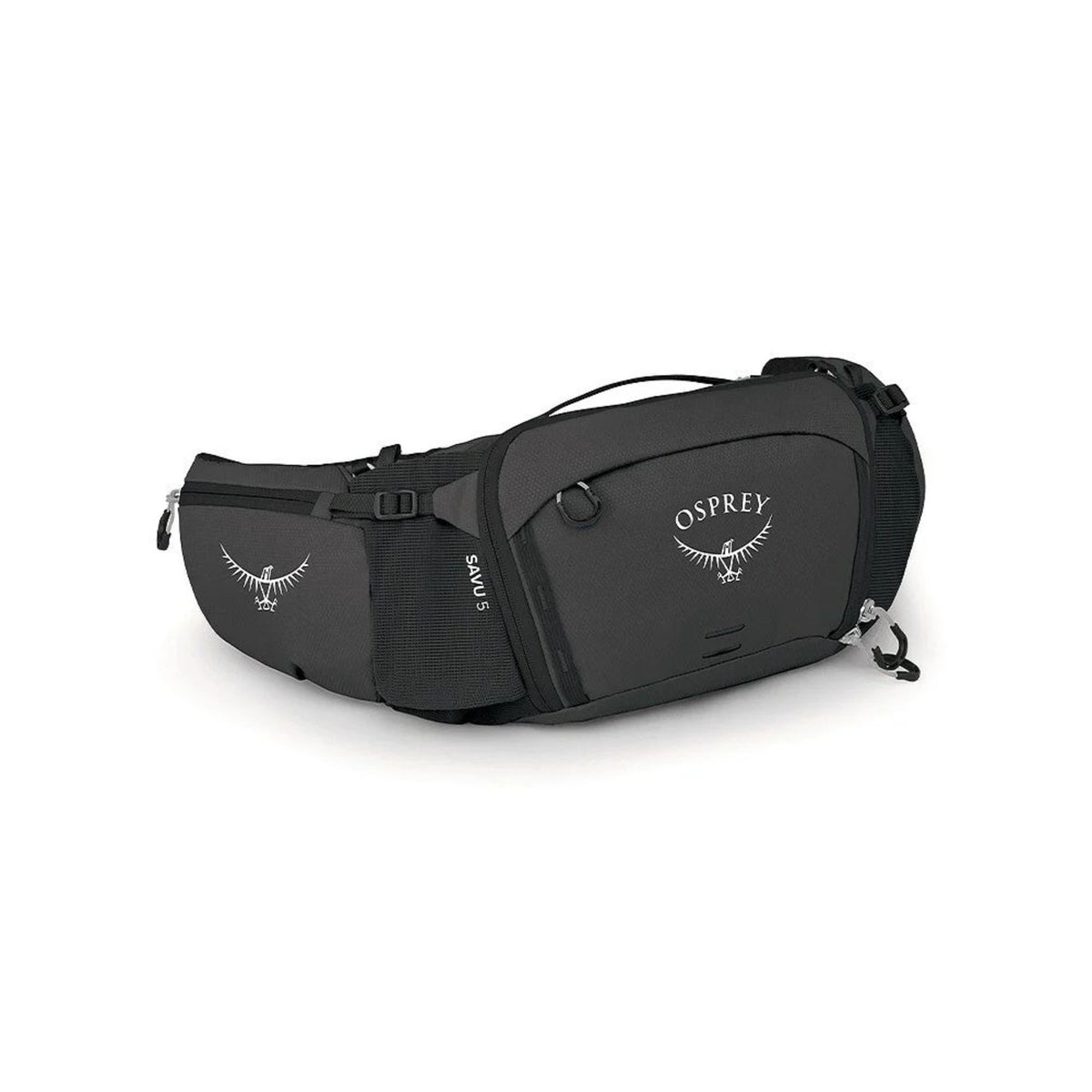 Osprey Savu 5 cintura da ciclismo con capacità 5 litri e tasche per borracce a scomparsa. Marsupio ergonomico per mountain bike con schienale traspirante AirScape e ampi scomparti per attrezzi e snack, ideale per escursioni e trail.