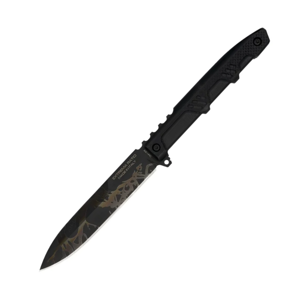 Extrema Ratio Requiem Dark Evo, coltello a lama fissa in edizione limitata, lama nera brunita con grafica Dark Evo, manico in polimero, Made in Italy, su backpacco.it