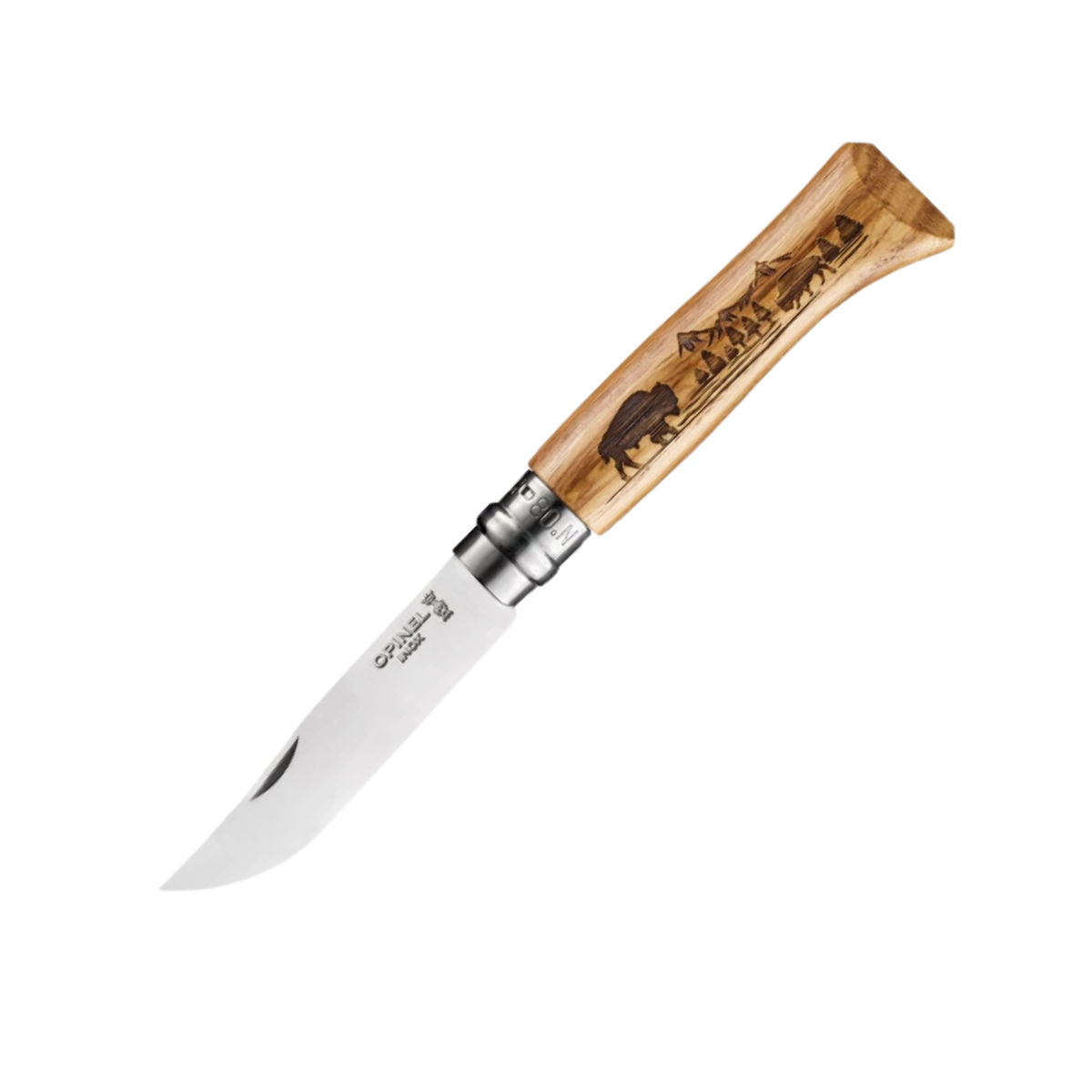 Opinel N 08 Animalia America Bisonte Coltello chiudibile con lama in acciaio inossidabile e manico in legno di quercia inciso al laser con figura di bisonte americano dotato di ghiera di sicurezza Virobloc ideale per outdoor e collezionismo naturalistico
