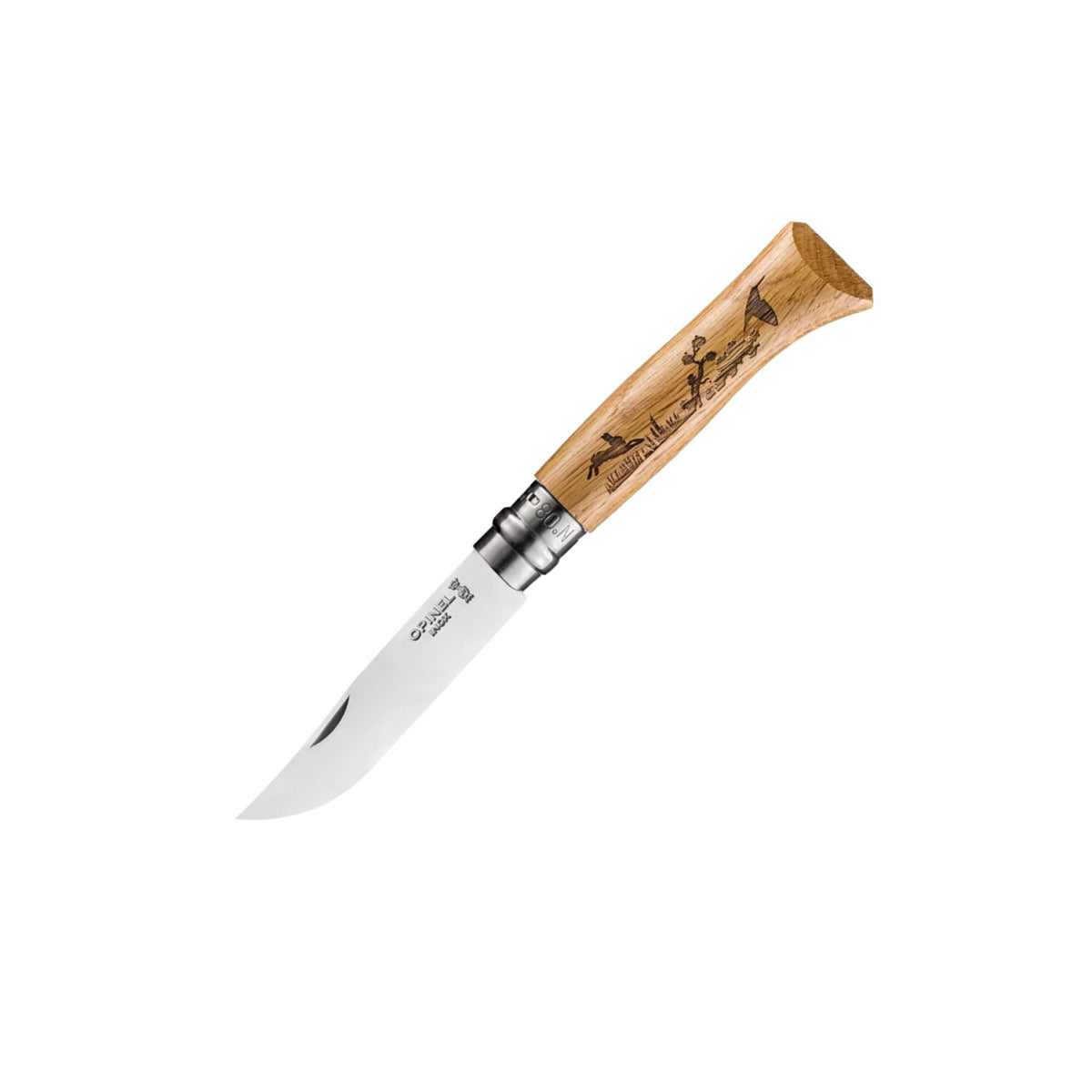 Opinel N° 08 Animalia Lepre Coltello chiudibile con lama in acciaio inossidabile Sandvik 12C27M e impugnatura in legno di quercia incisa al laser con motivo fauna selvatica. Sistema di sicurezza Virobloc per bloccaggio lama in posizione aperta o chiusa.