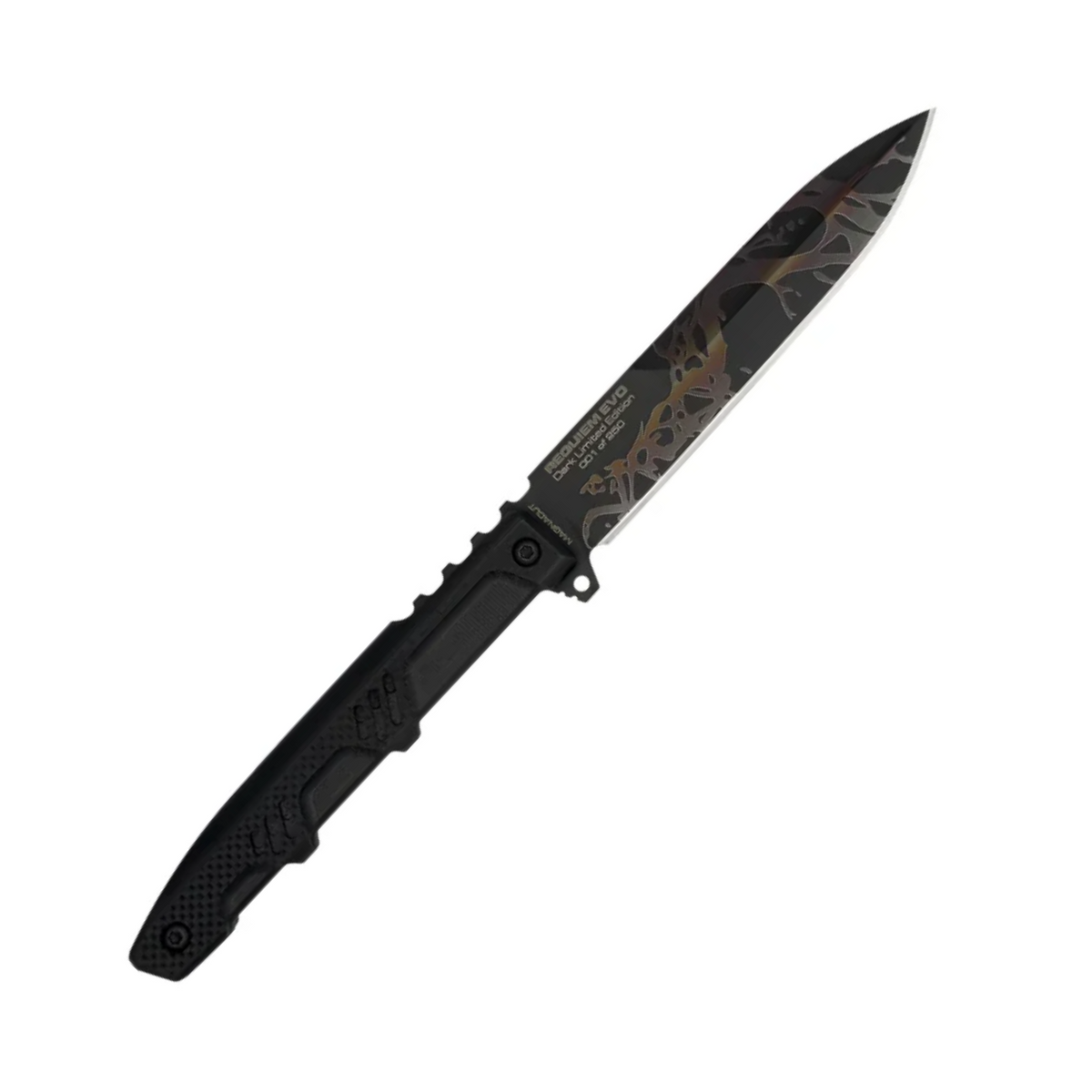 Extrema Ratio Requiem Dark Evo, coltello a lama fissa in edizione limitata, lama nera brunita con grafica Dark Evo, manico in polimero, Made in Italy, su backpacco.it