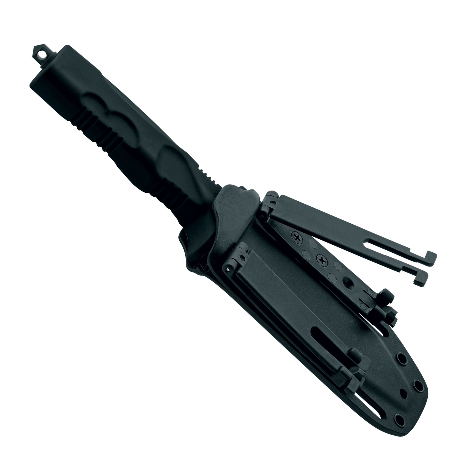 Coltello Fox Servator Fire Brigade Rescue and Emergency nero, coltello da soccorso e emergenza a lama fissa con gancio taglia cinture e parziale seghettatura, manico in polimero