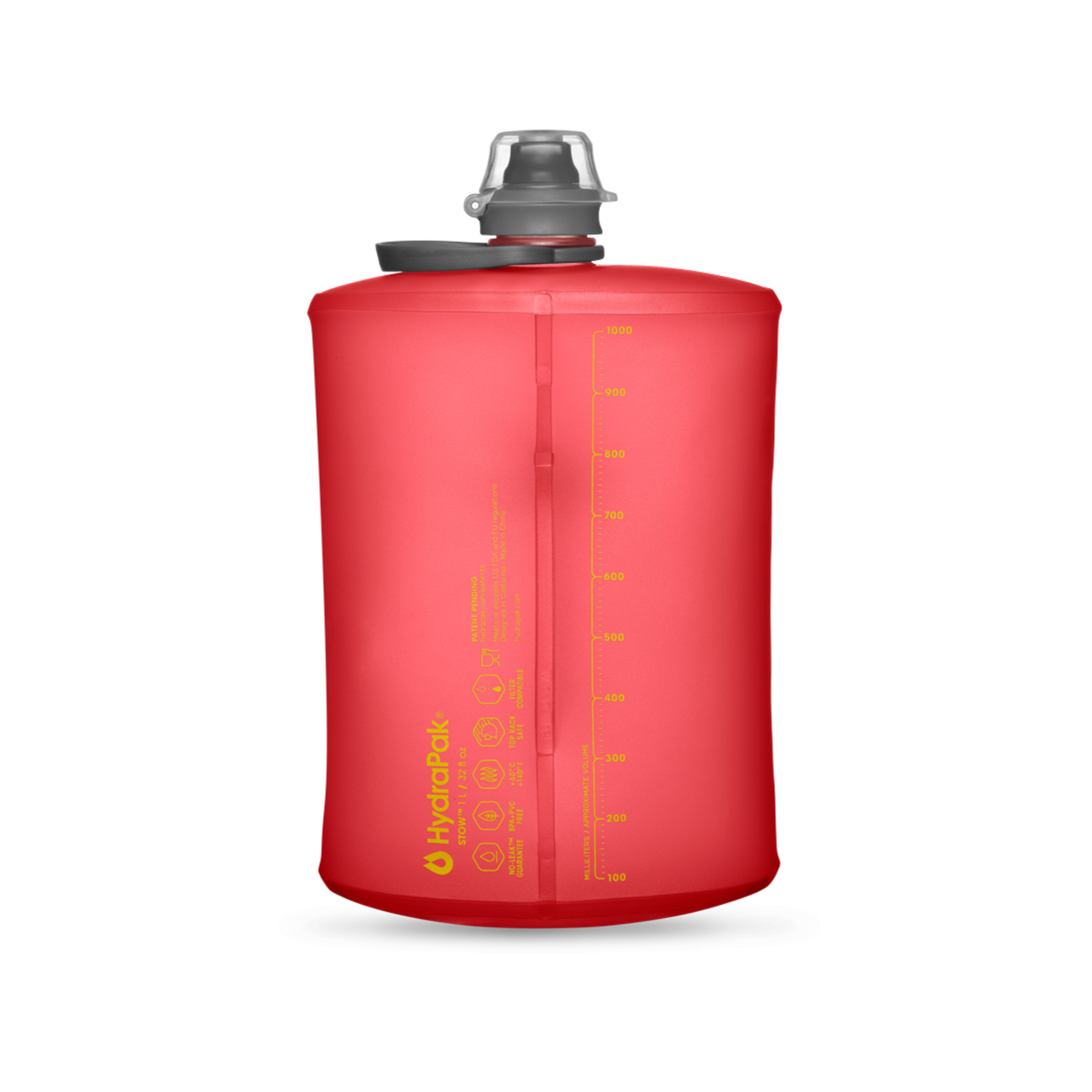 HYDRAPAK STOW, bottiglia pieghevole compatta con tappo e beccuccio, ideale per attività outdoor, disponibile su backpacco.it"