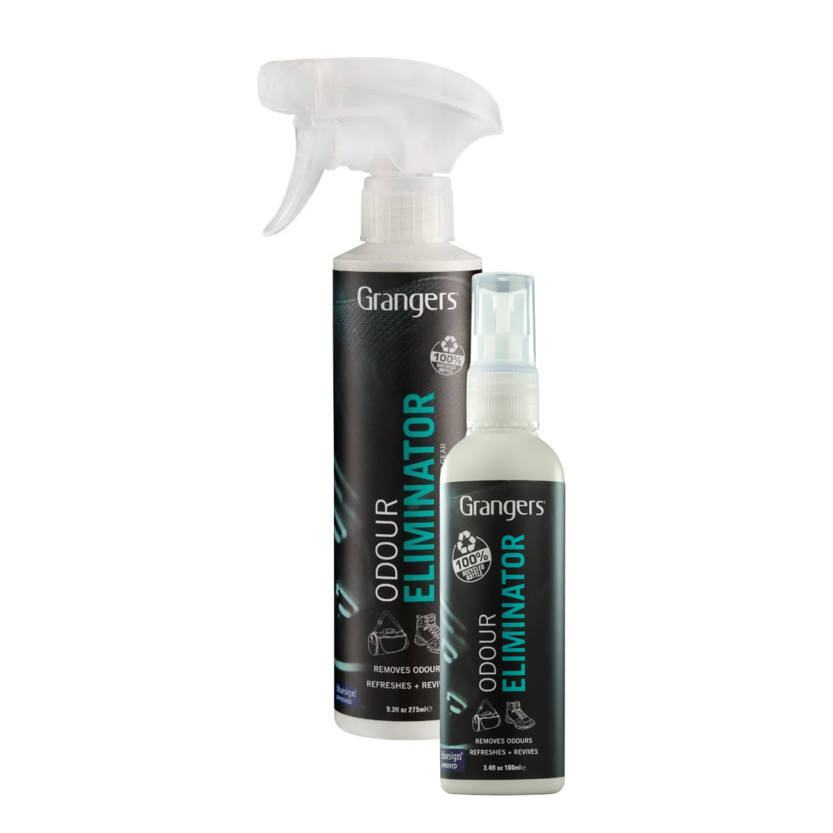 Grangers Odour Eliminator, neutralizzatore spray per odori di scarpe e attrezzatura, deodorante ecologico e rinfrescante, flacone grande da 275ml e flacone da viaggio da 100ml, su backpacco.it