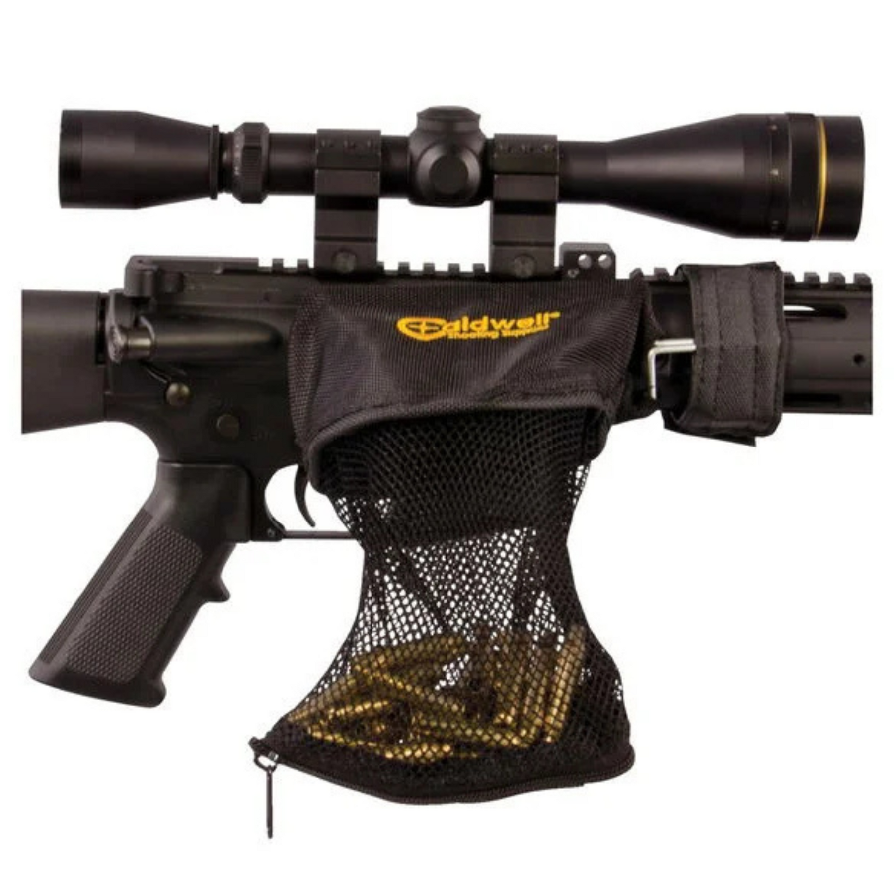 Caldwell AR-15 Brass Catcher - Rete cattura bossoli in maglia nera con supporto rigido e zip inferiore, accessorio per fucili per raccogliere bossoli spenti, disponibile su backpacco.it