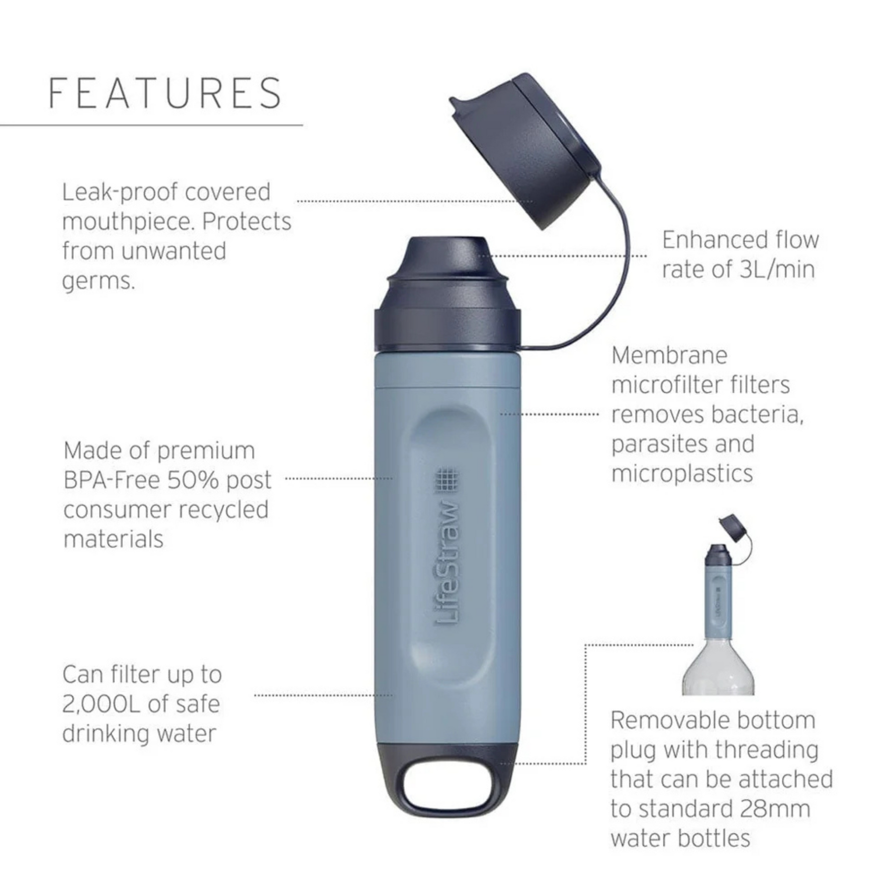 LifeStraw Peak Series Solo cannuccia filtrante per escursioni, campeggio e sopravvivenza, con sistema di purificazione dell'acqua integrato