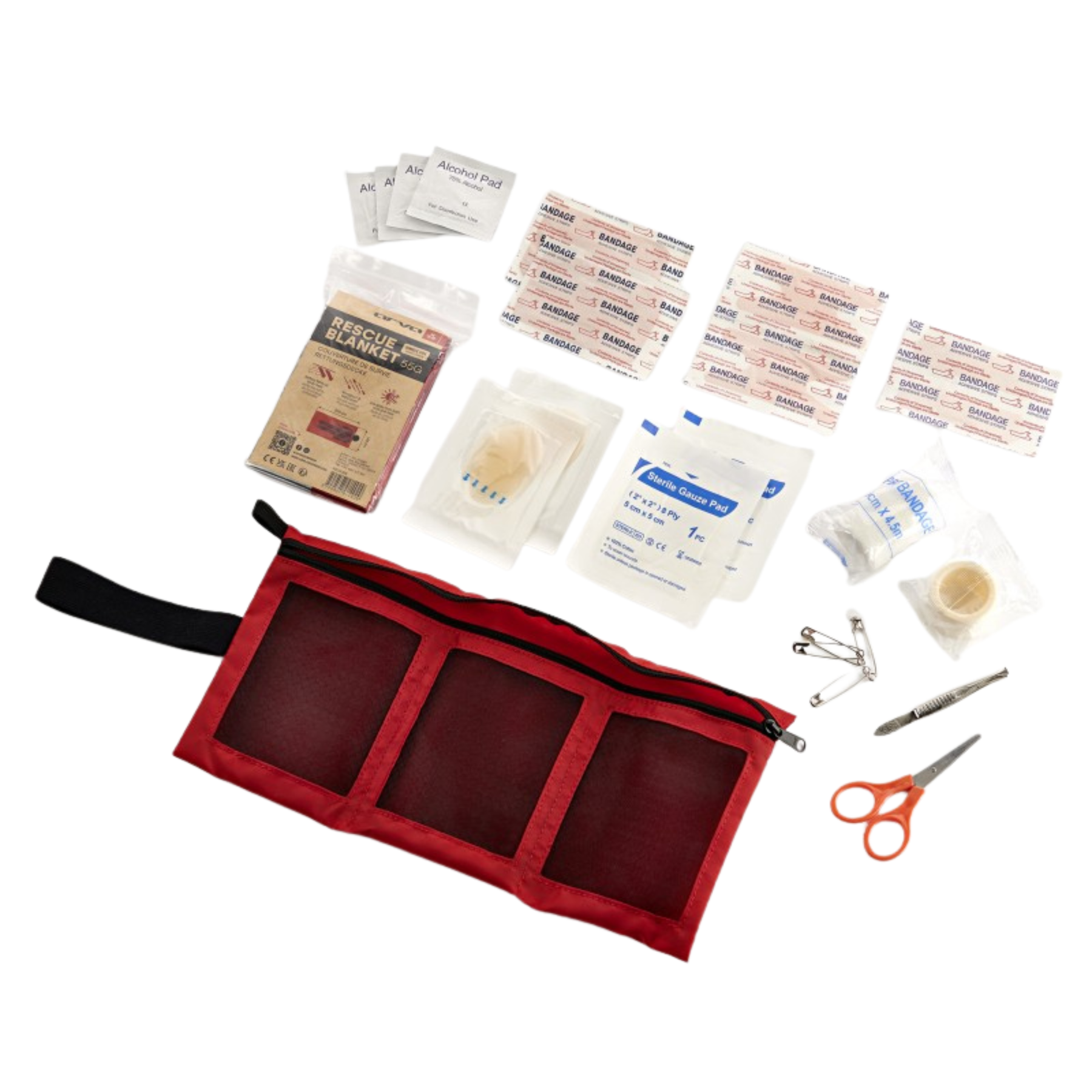 ARVA First Aid Kit Lite, pouch medica rossa leggera e compatta, kit di primo soccorso essenziale per escursionismo, sci e outdoor, con elastico nero di compressione, su backpacco.it