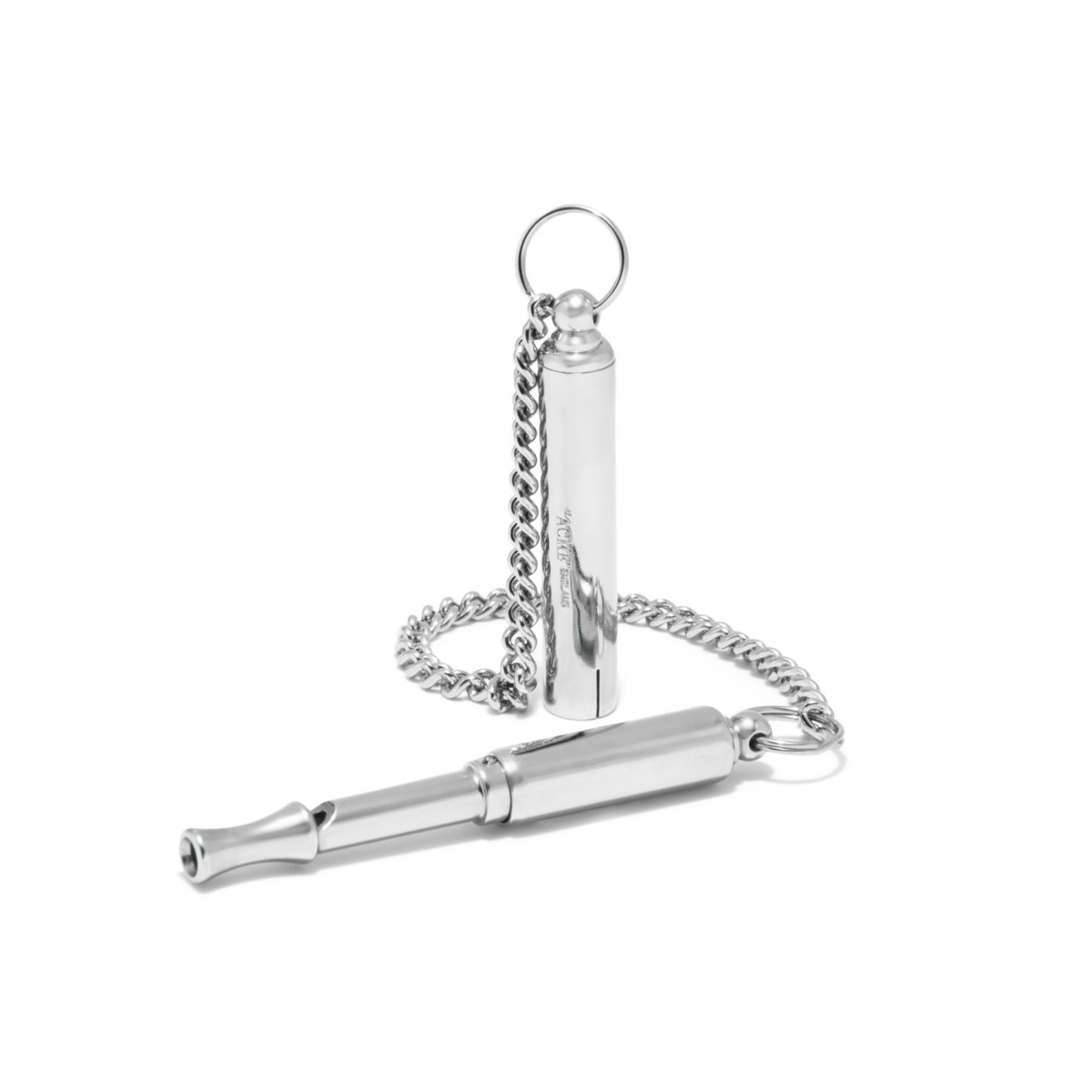 ACME Silent Dog Whistle No. 535 in ottone nichelato. Fischietto ad alta frequenza (semi-inudibile all'uomo) regolabile, per addestramento cani, con catenella. Accessorio classico per l'educazione cinofila.
