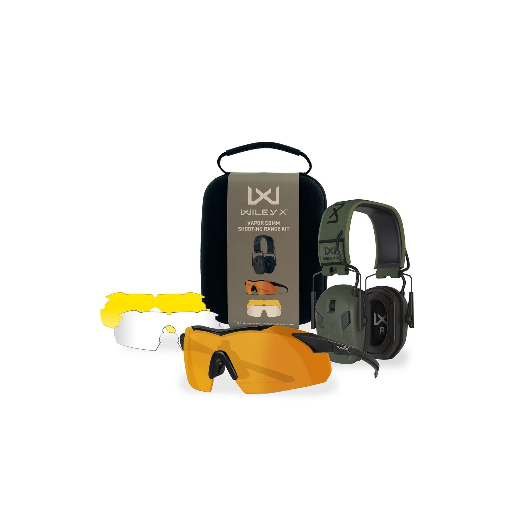Wiley X WX Valor Comm Shooting Range Kit 3553SRK, set per poligono con occhiali balistici VAPOR con 3 lenti intercambiabili (arancione, trasparente, gialla) e cuffie antirumore verde oliva, su backpacco.it