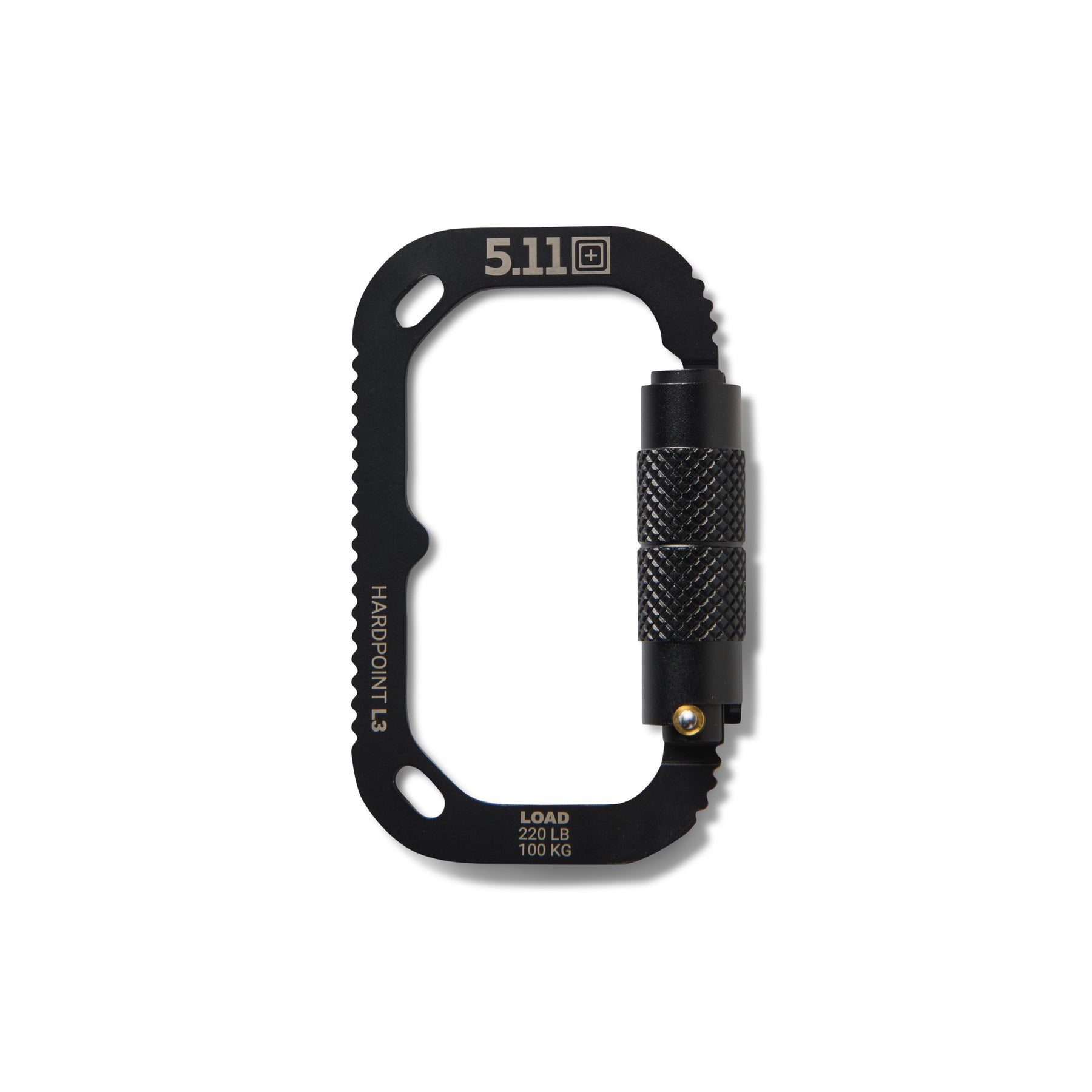 Carabiner 5.11 Hardpoint L3 con meccanismo di bloccaggio zigrinato, capacità di carico 100 kg, accessorio tattico per trasporto attrezzatura outdoor e militare, su backpacco.it