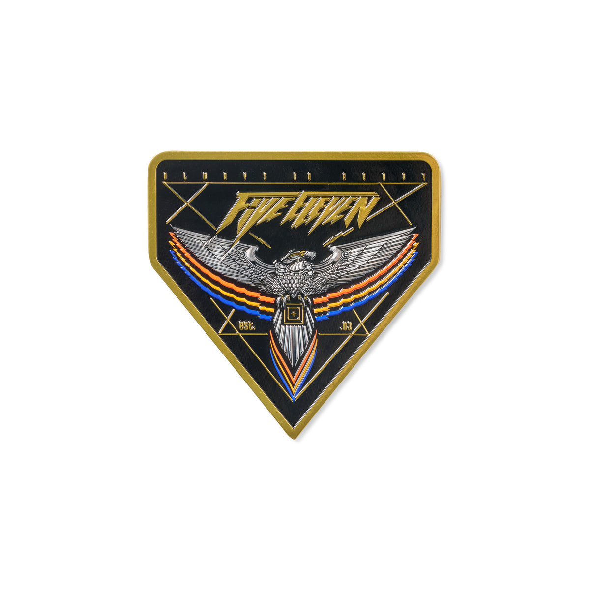 Patch in PVC 5.11 Tactical Chrome Eagle, disegno di un'aquila stilizzata con ali multicolori (blu, rosso, giallo, nero), scritte 5.11 e Always Be Ready, forma a scudo triangolare nero e oro, patch da collezione per equipaggiamento tattico
