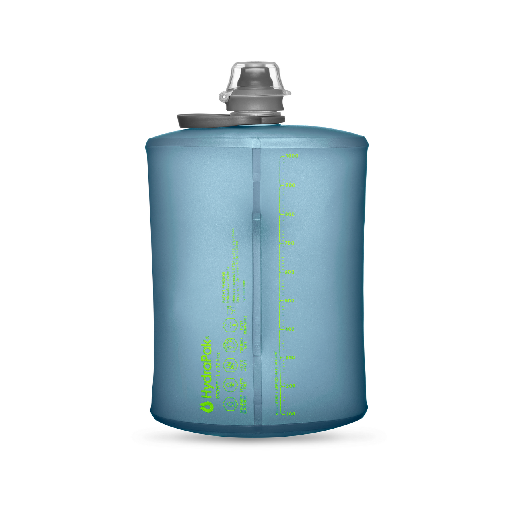 HYDRAPAK STOW, bottiglia pieghevole compatta con tappo e beccuccio, ideale per attività outdoor, disponibile su backpacco.it"