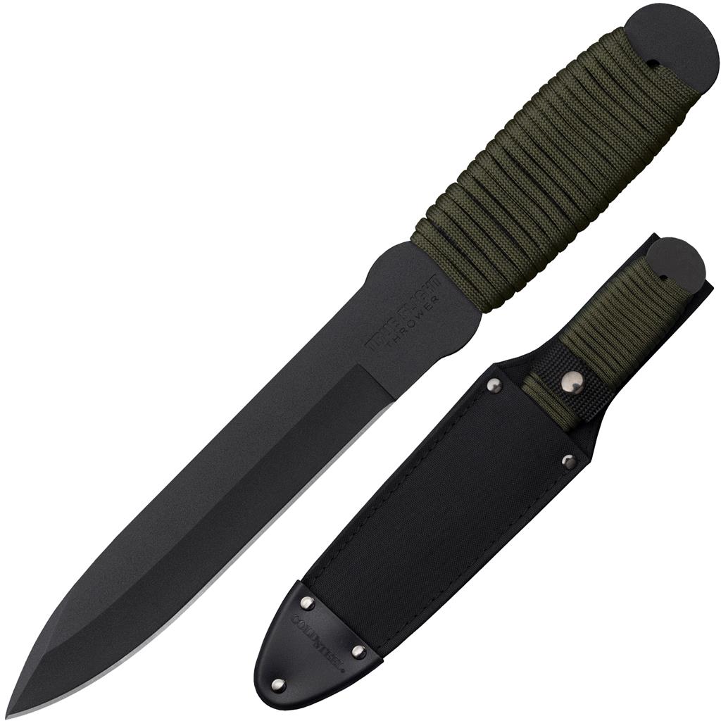 COLD STEEL True Flight Thrower - Coltello a lama fissa con lama nera e impugnatura in paracord verde, accompagnato da fodero tattico nero, disponibile su backpacco.it