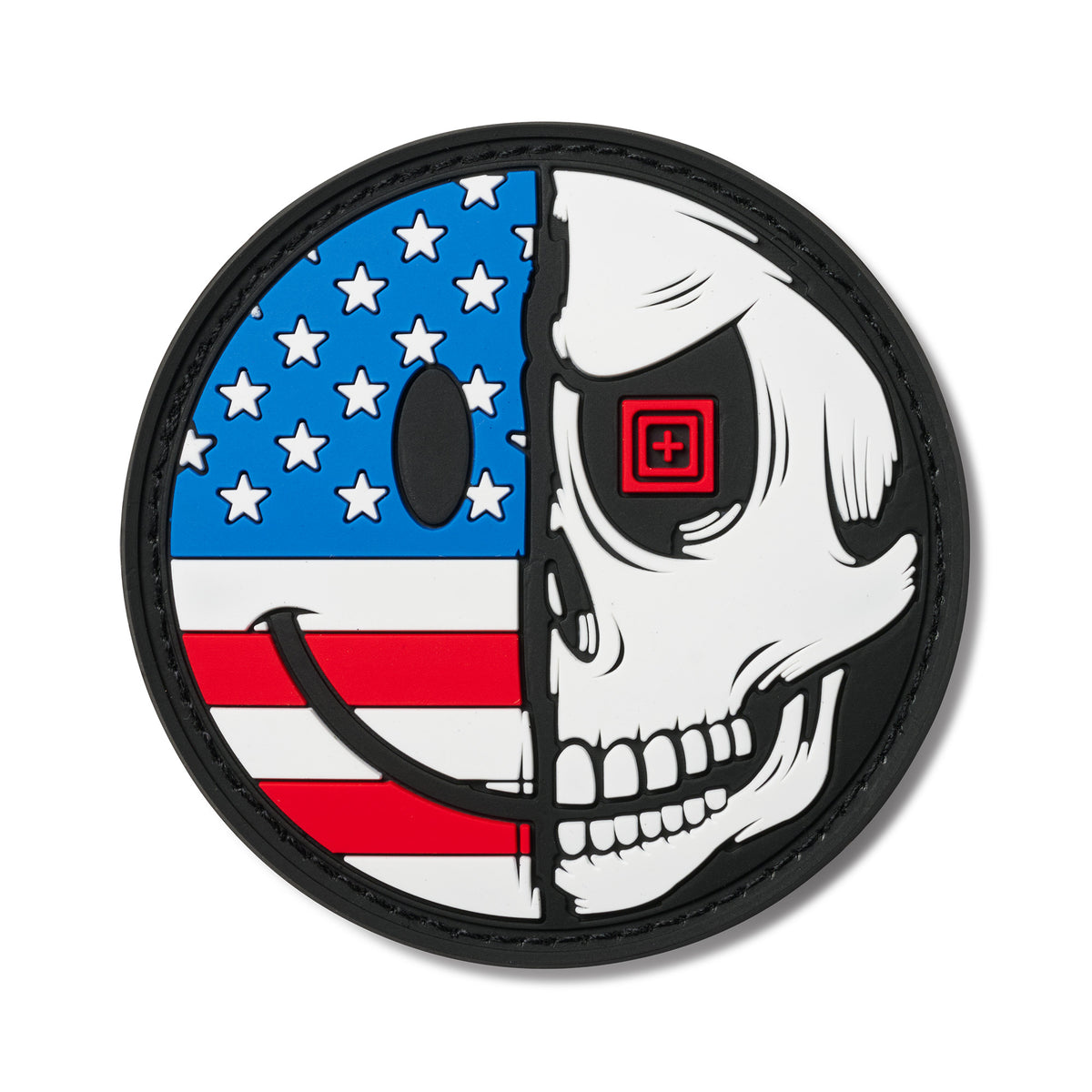 5.11 Always Be Happy, patch in PVC con velcro, toppa tonda divisa a metà tra smiley con bandiera USA e teschio (Always Be Ready), accessorio tattico da collezione