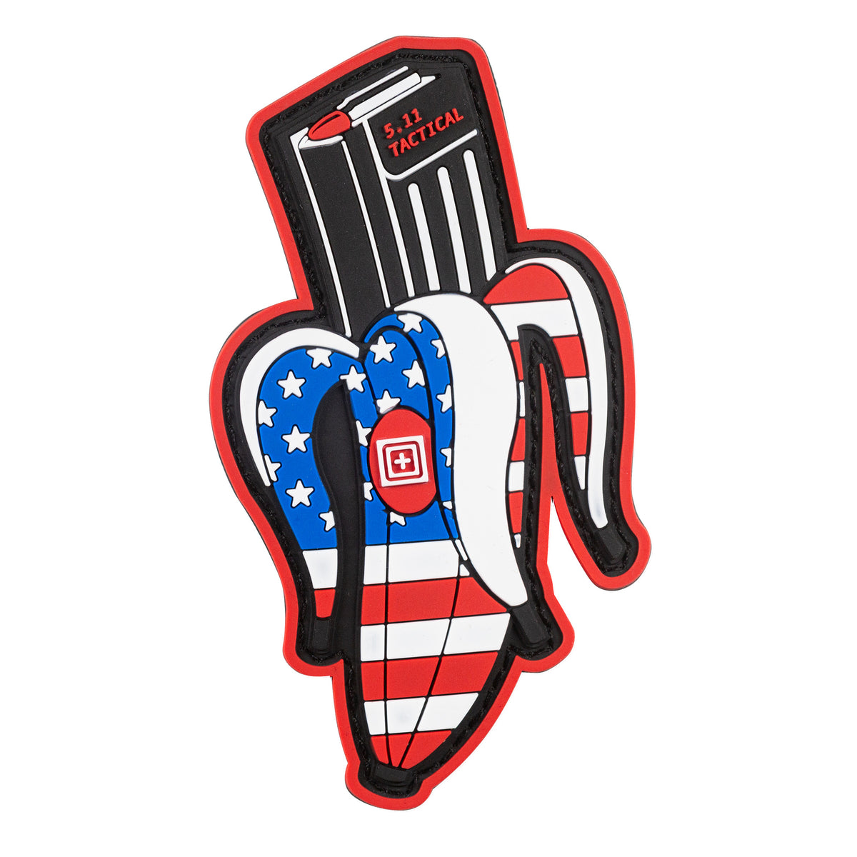 5.11 Banana Clip USA Patch in PVC, toppa tattica con caricatore a banana avvolto nella bandiera americana a stelle e strisce, accessorio con velcro per zaini e abbigliamento tattico, su backpacco.it