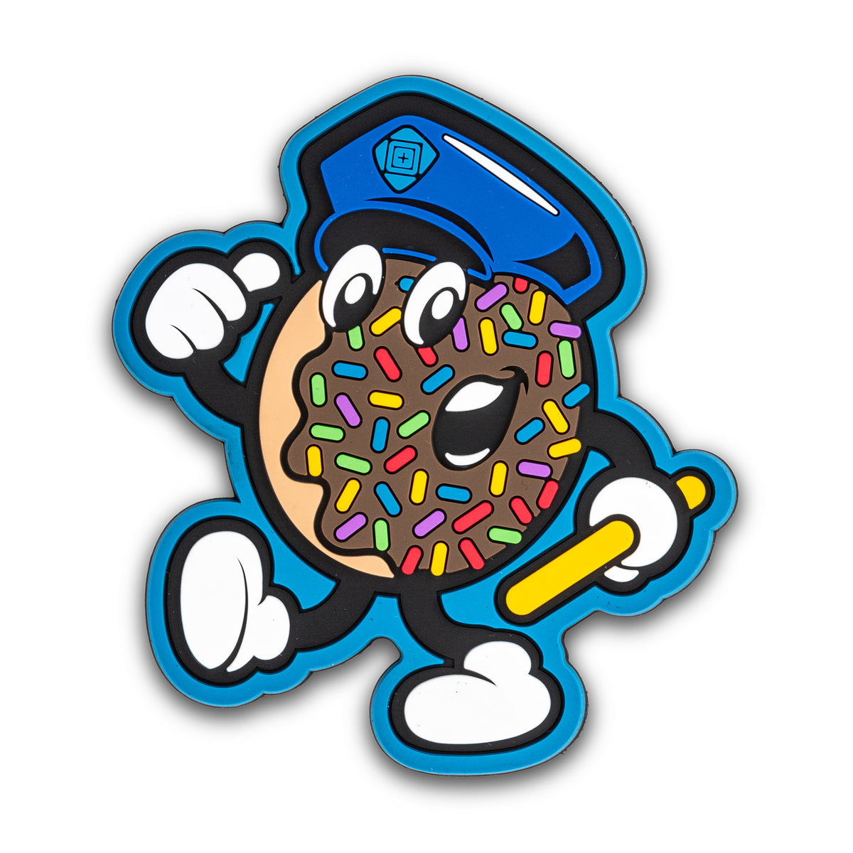 5.11 Sweet Beat, patch in PVC con velcro, toppa tattica umoristica con una ciambella (donut) al cioccolato e zuccherini che indossa un cappello della polizia e impugna un manganello, contorno blu
