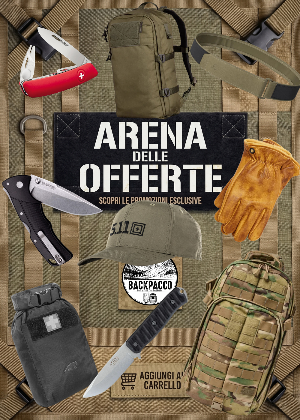 Backpacco Arena delle Offerte banner promozionale con equipaggiamento outdoor e tattico tra cui zaini Savotta e 5.11 Tactical, coltelli ESEE Izula-II, Cold Steel e ANV, multiuso Victorinox, guanti in pelle e custodia medica Tasmanian Tiger per sconti esclusivi su attrezzatura bushcraft e survival.