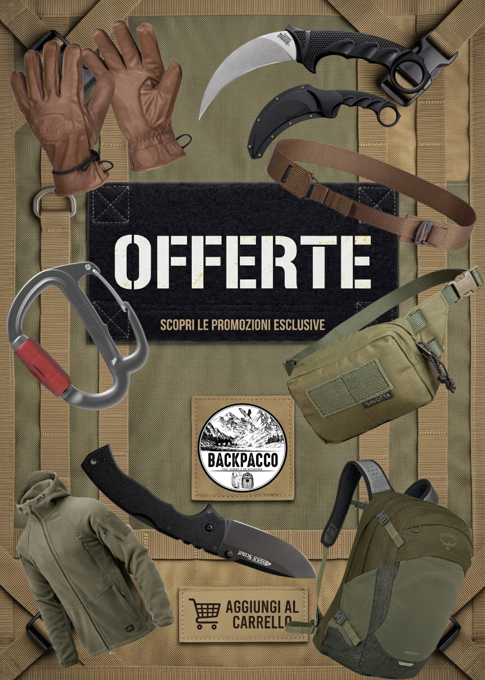 Backpacco Selezione Outdoor ed EDC composizione di attrezzatura tattica con coltelli Cold Steel tasca Savotta zaino Osprey abbigliamento e accessori su sfondo cordura banner offerte scopri le promozioni esclusive