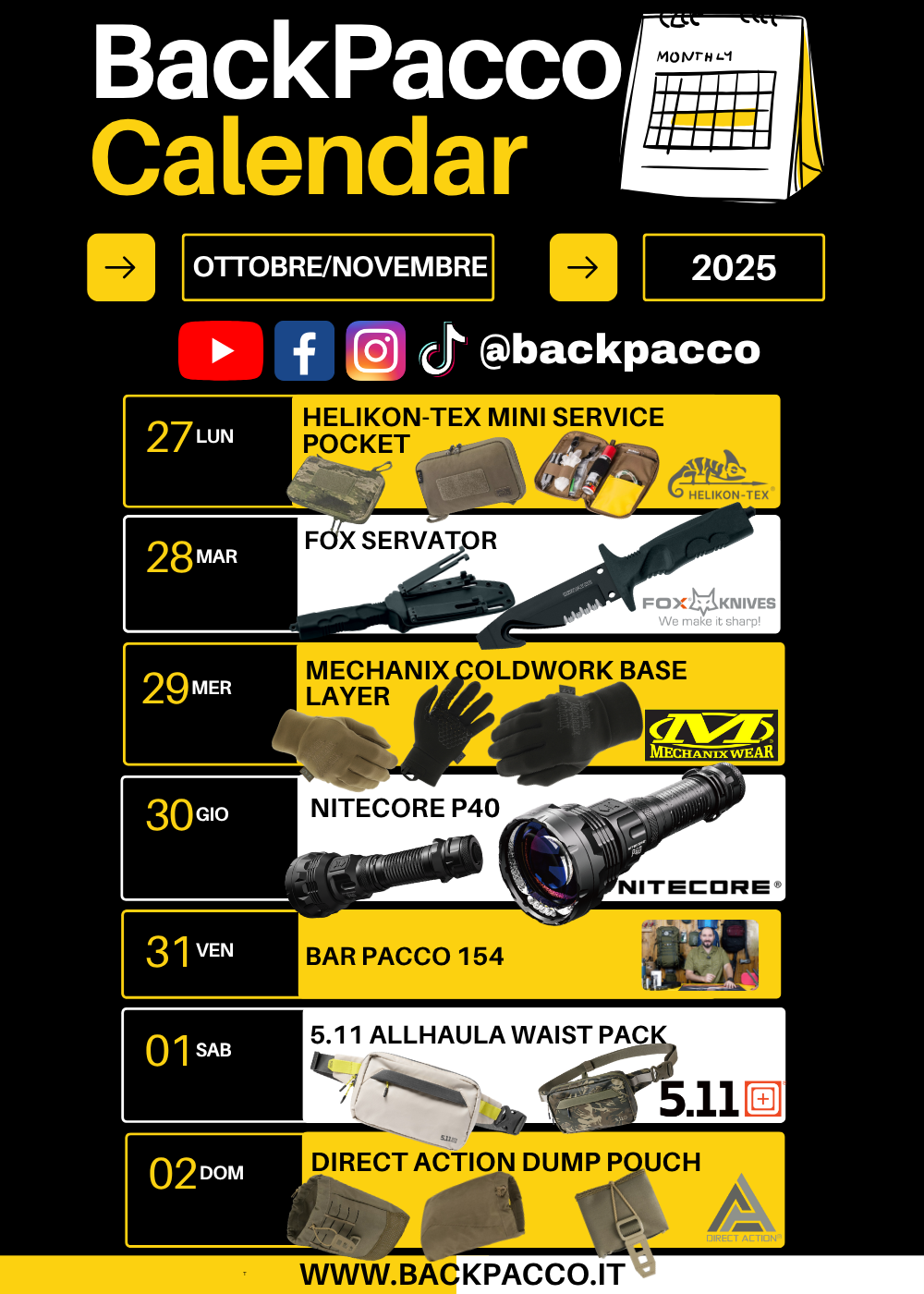 Calendario BackPacco Ottobre Novembre 2025, promozioni e video recensioni: Helikon-Tex Mini Service Pocket, Coltello Fox Servator, Guanti Mechanix ColdWork Base Layer, Torcia Nitecore P40, Marsupio 5.11 Allhaula Waist Pack, Tasca Dump Pouch Direct Action