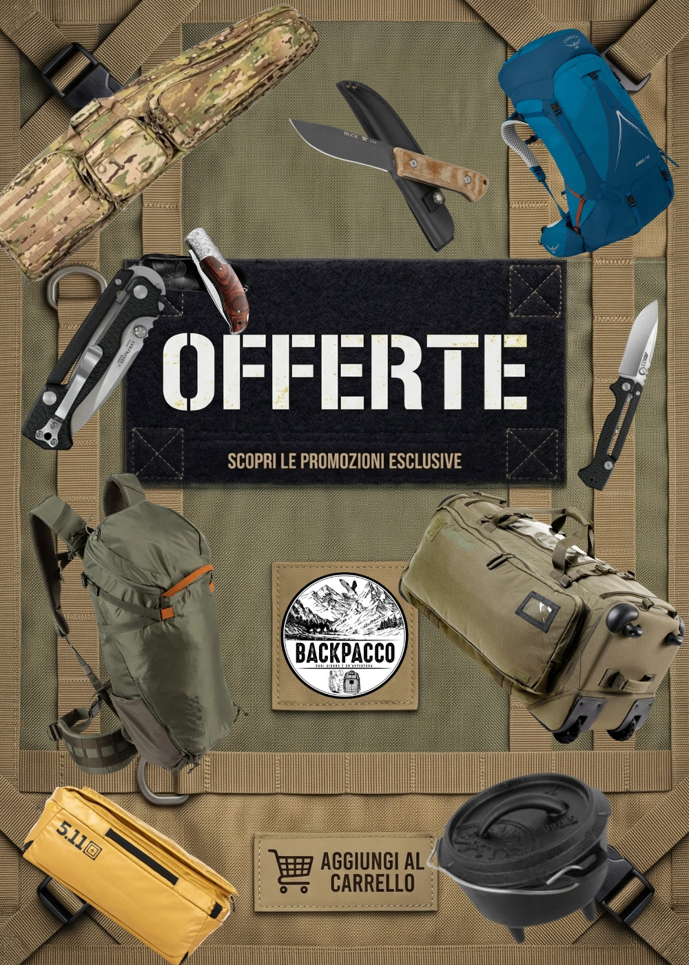 Banner promozionale Backpacco con scritta centrale Offerte Scopri le promozioni esclusive. Intorno sono disposti vari articoli da viaggio e outdoor, tra cui uno zaino Osprey Atmos AG, un borsone tattico con ruote, coltelli pieghevoli, una borsa 5.11, un Dutch Oven in ghisa e una sacca mimetica.