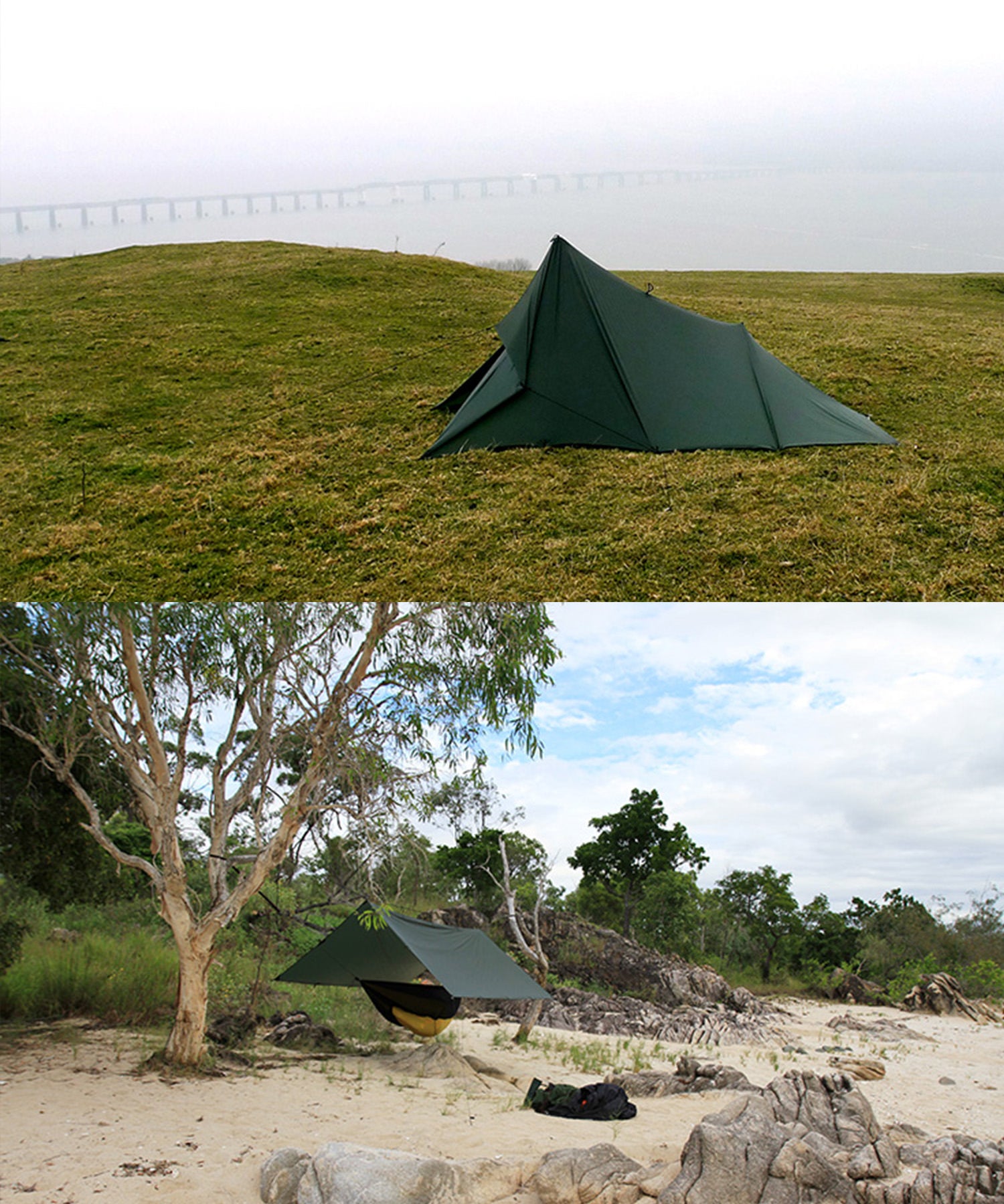 DD SuperLight Tarp montati su un prato e in spiaggia