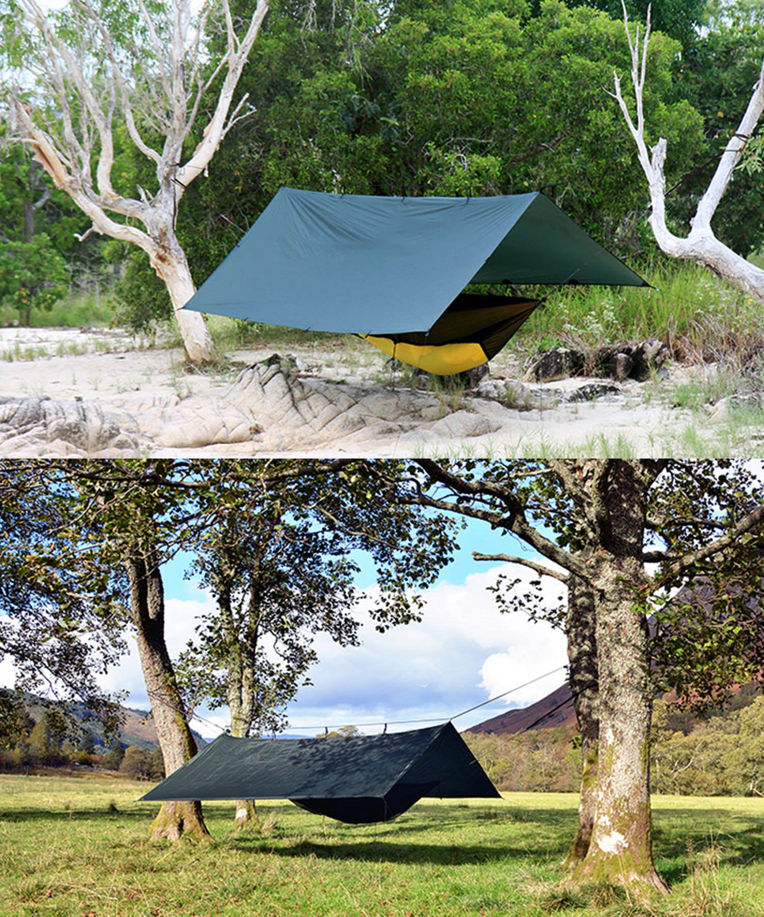 Setup di DD superlight tarp in spiaggia e tra due alberi come telo ombreggiante