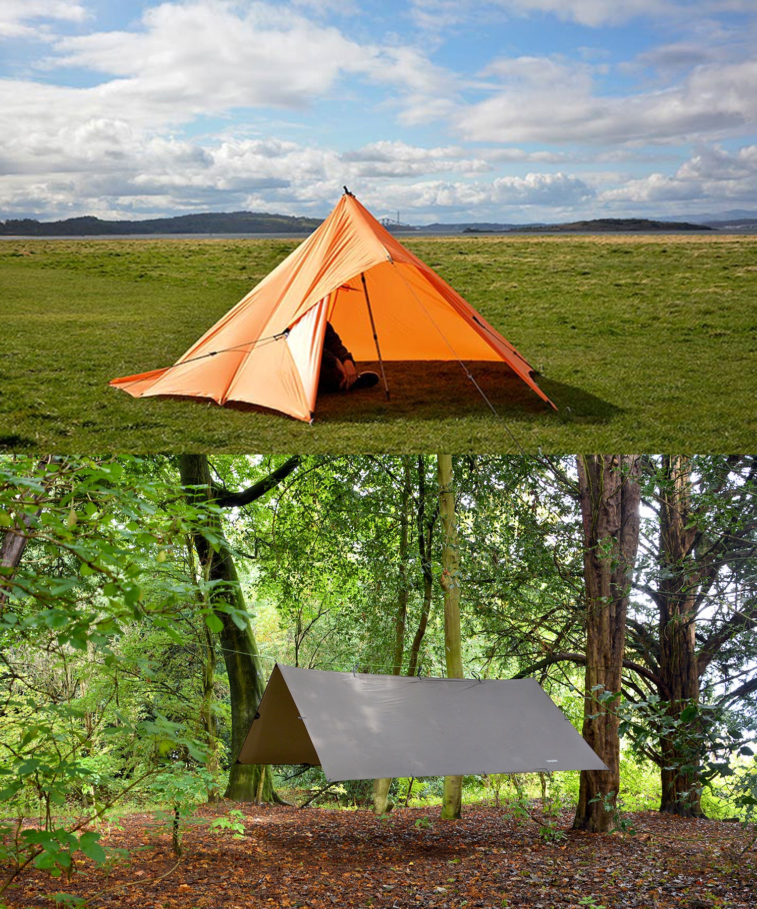 Tenda arancione ricavata con il DD Super Light Tarp e tarp coyote brown montato