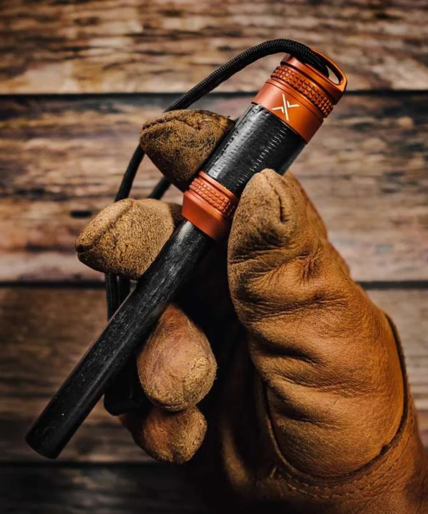 exotac firerod xl arancione impugnato con guanti da lavoro per le escursioni