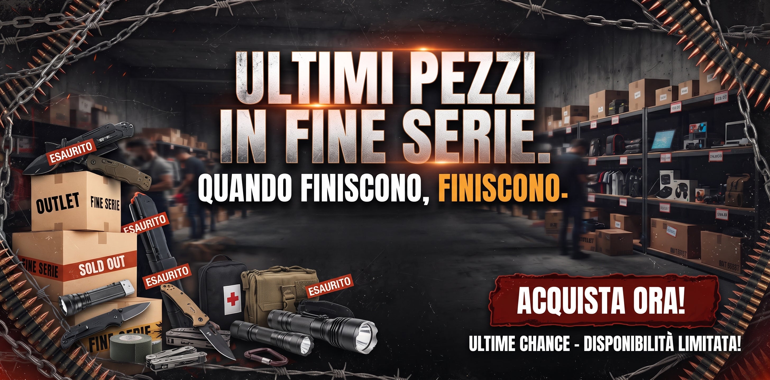 Backpacco Ultimi Pezzi Fine Serie banner promozionale orizzontale con coltelli torce multiuso e attrezzatura tattica in magazzino. Promozione su articoli in esaurimento con disponibilità limitata acquista ora.