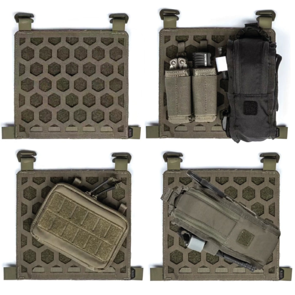 Pannelli Hexgrid di 5.11 con diverse soluzioni di fissaggio per tasche e accessori.