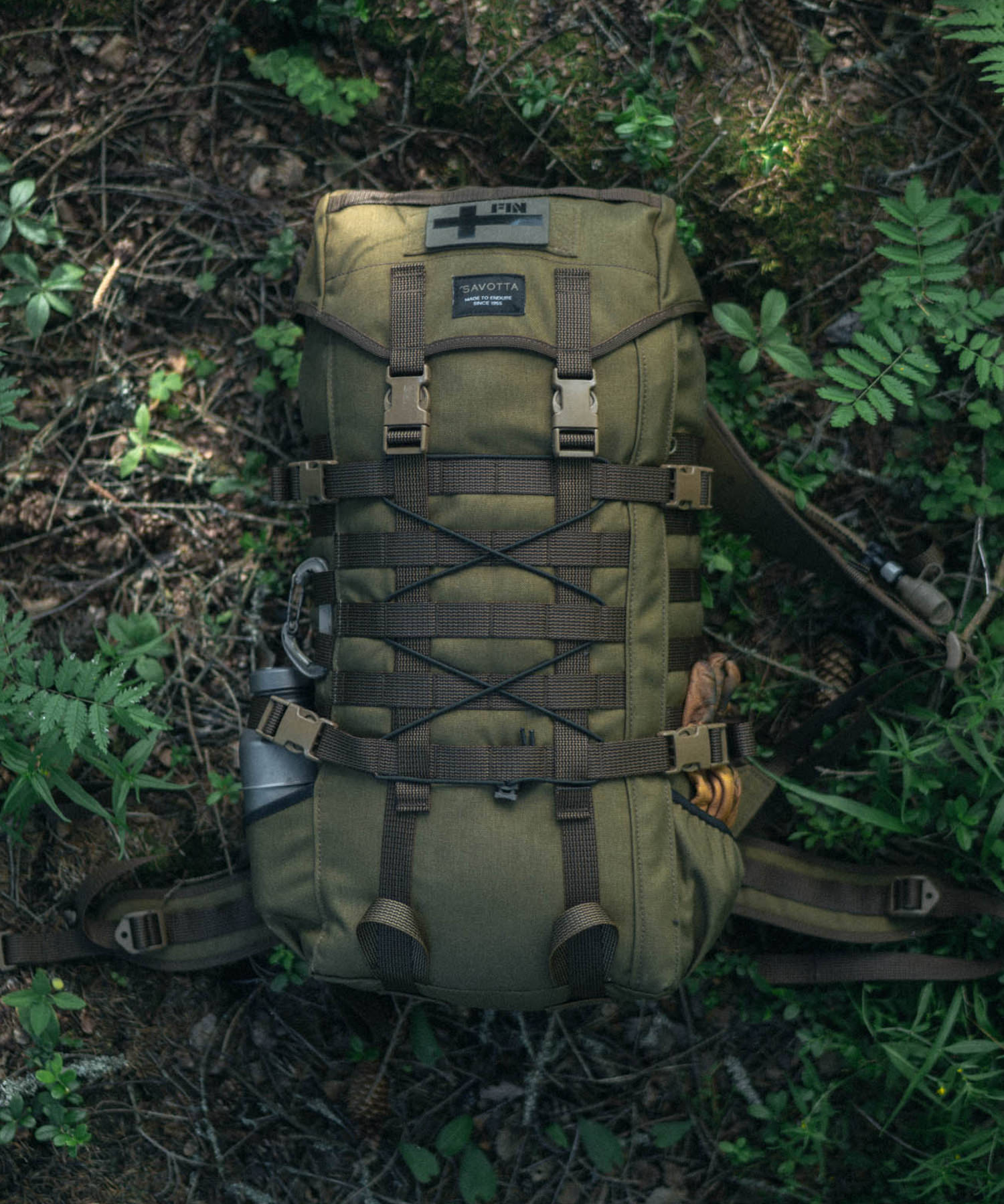 zaino savotta Jaakari M equipaggiato per un'uscita bushcraft