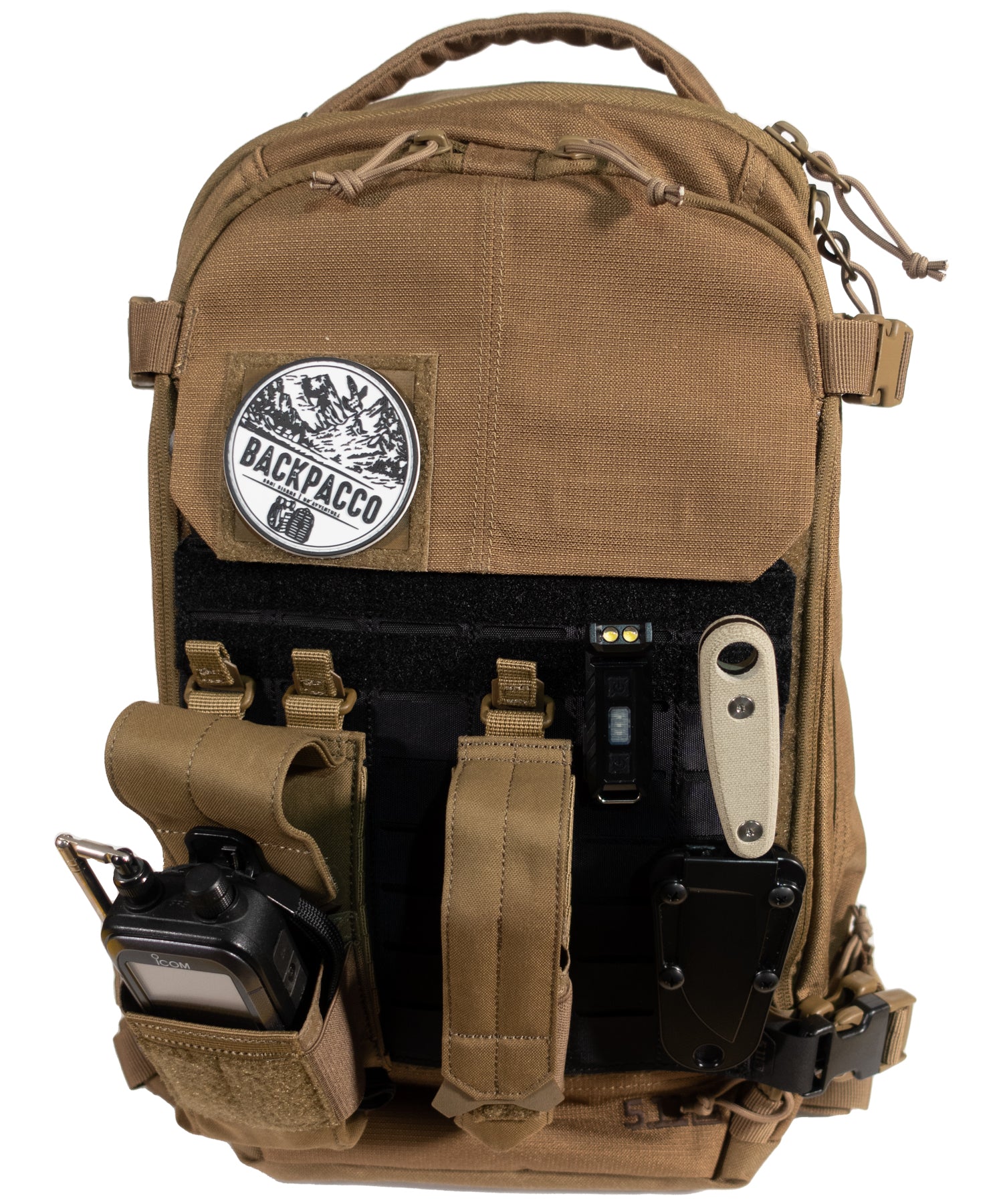 laser cut molle gear set nero su zaino amp 10 kangaroo di 5.11 con radio, Esee Izula 2 e torcia