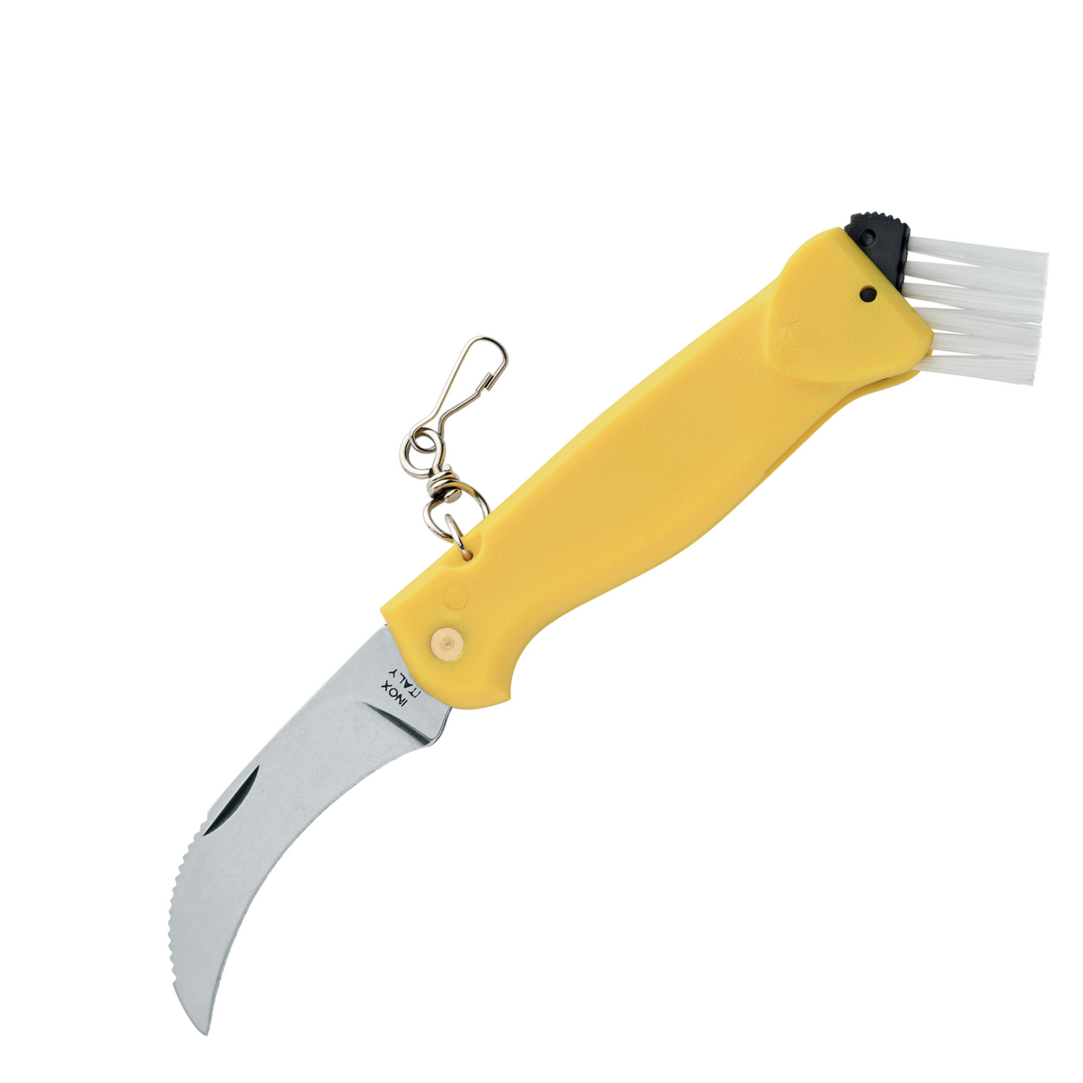Coltello chiudibile FOX MUSHROOM KNIFE 406 con lama curva tipo hawkbill e pennello integrato per la pulizia - ideale per la raccolta di funghi e attività outdoor, disponibile su backpacco.it