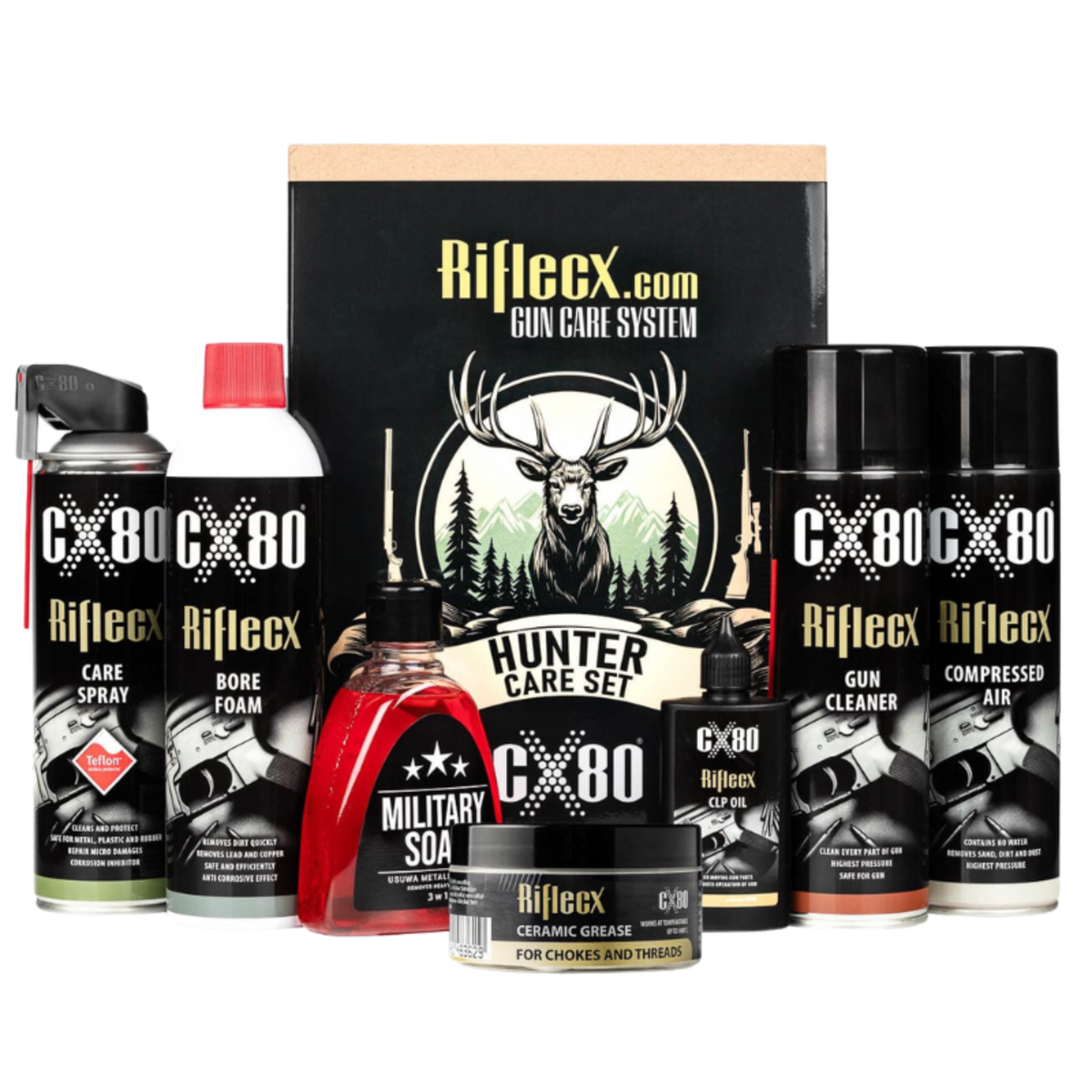 Kit completo di manutenzione per fucili da caccia Riflecx Hunter Care Set, include Care Spray (con Teflon), Bore Foam, olio CLP Oil, grasso ceramico, Military SOAP, Gun Cleaner e Compressed Air, per la pulizia e la cura completa dell'arma