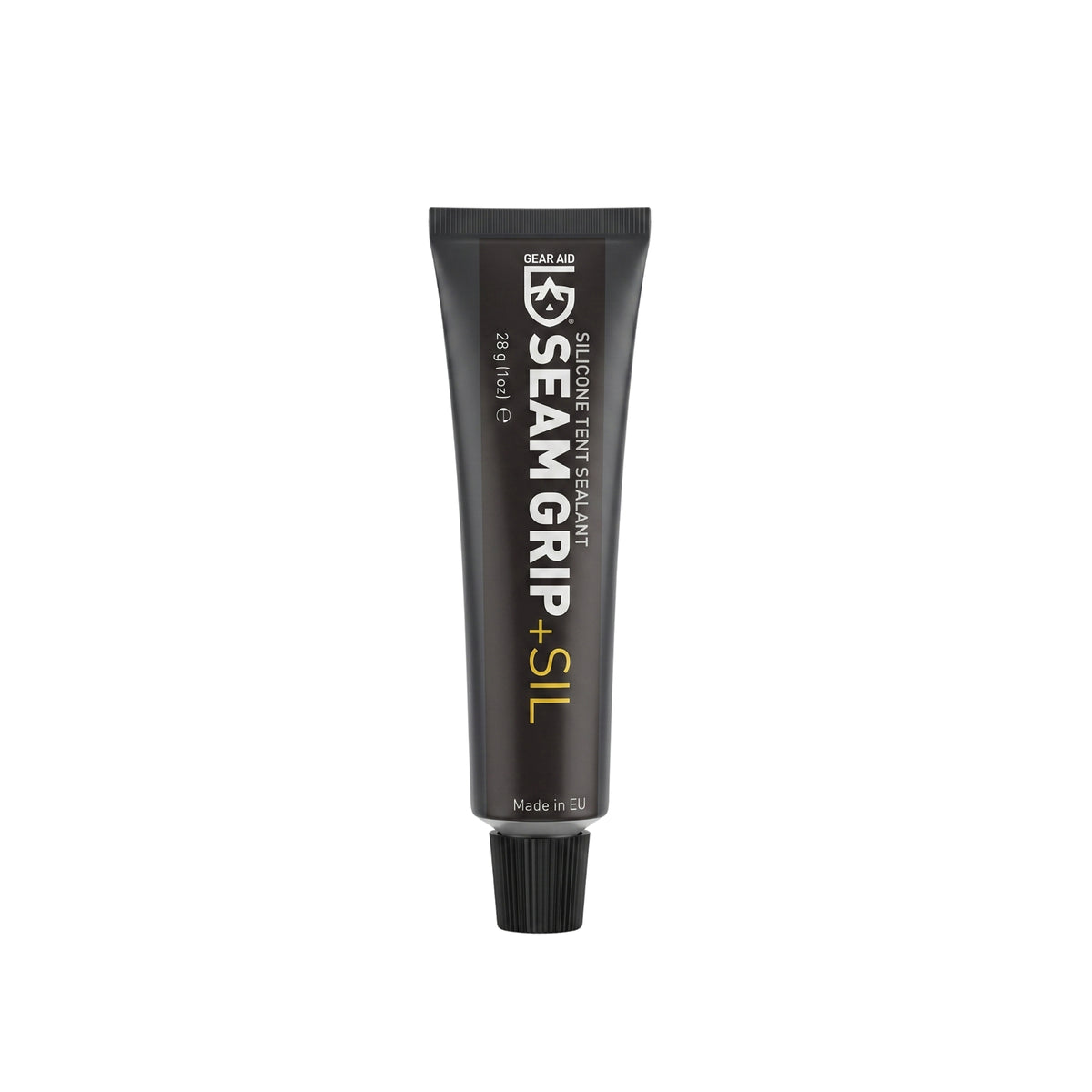 Gear Aid Seam Grip + SIL Silicone Sealant Sigillante per tende in silicone impermeabilizzante per cuciture e tessuti siliconati da 28 g o 42 in tubetto verticale per manutenzione attrezzatura outdoor su sfondo bianco.