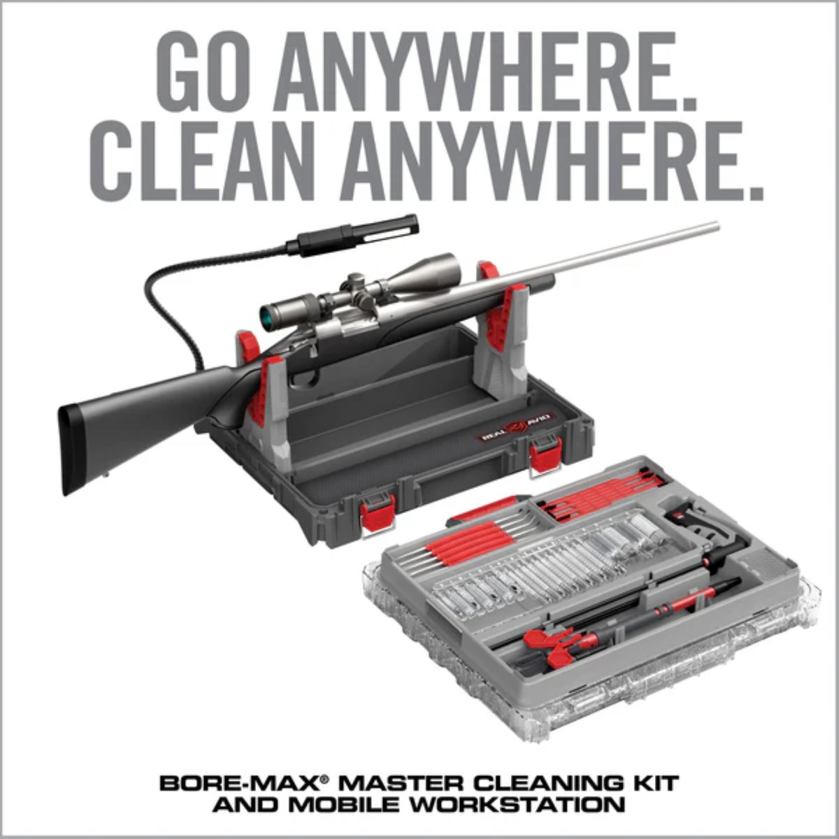 Real Avid Bore-Max Master Cleaning Kit and Mobile Workstation: Kit di pulizia professionale completo per armi, custodito in una valigetta rigida trasparente che funge da stazione di lavoro mobile. Include scovoli Bore-Max, patch Speed Clean e accessori di precisione organizzati in scomparti dedicati. Massima efficienza e protezione per la manutenzione sul campo o in officina.