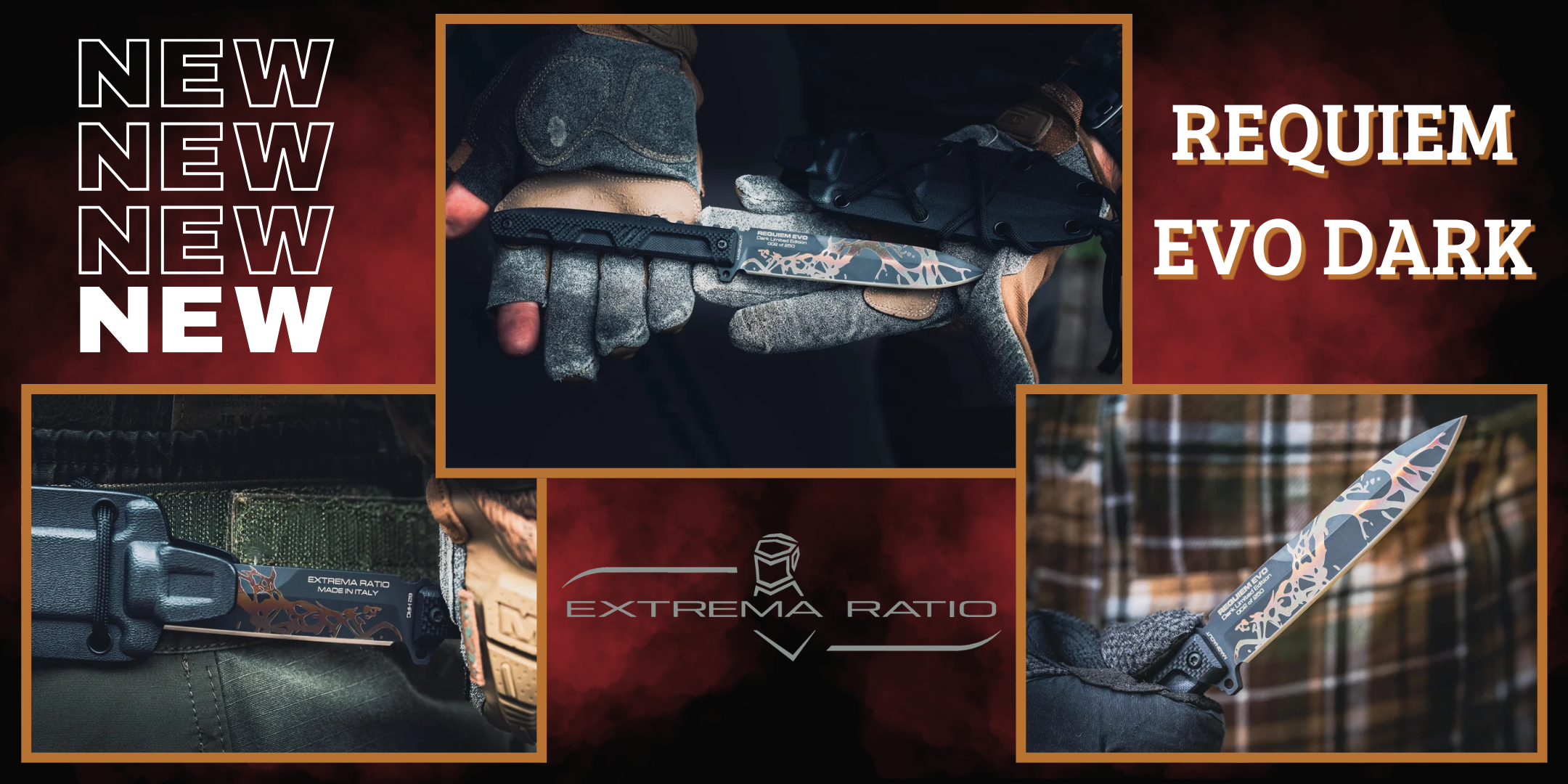 Banner promozionale nuovo coltello Extrema Ratio Requiem Evo Dark, lama fissa in edizione limitata, coltello tattico con fodero e grafica brunita, su backpacco.it