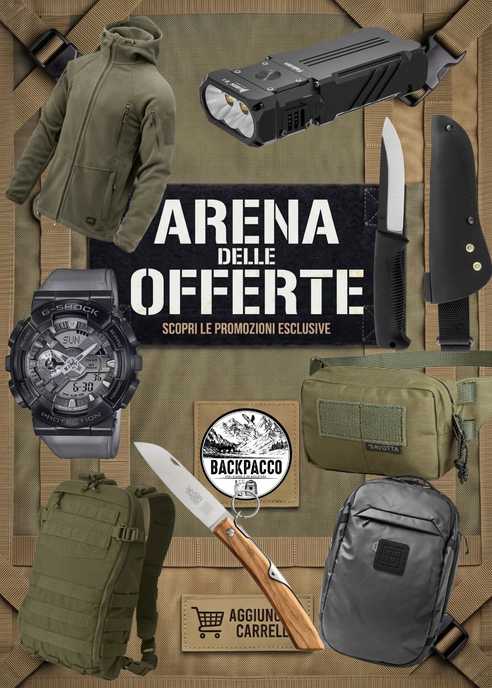 BackPacco Arena delle Offerte banner promozionale: pile tattico con cappuccio Helikon-Tex, torcia LED Wuben X1 Falcon, marsupio Savotta Kukkaro, coltello chiudibile Robert Klaas, orologio Casio G-Shock, coltello a lama fissa con fodero, zaino tattico MOLLE e zaino 5.11 Tactical.