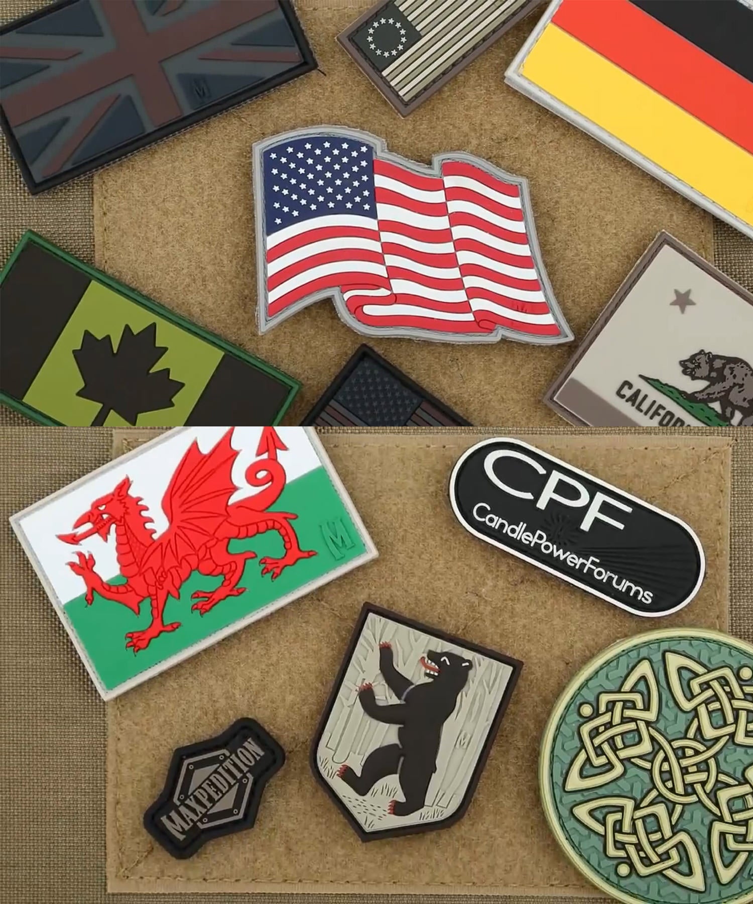 collezione di patch velcro maxpedition su zaino