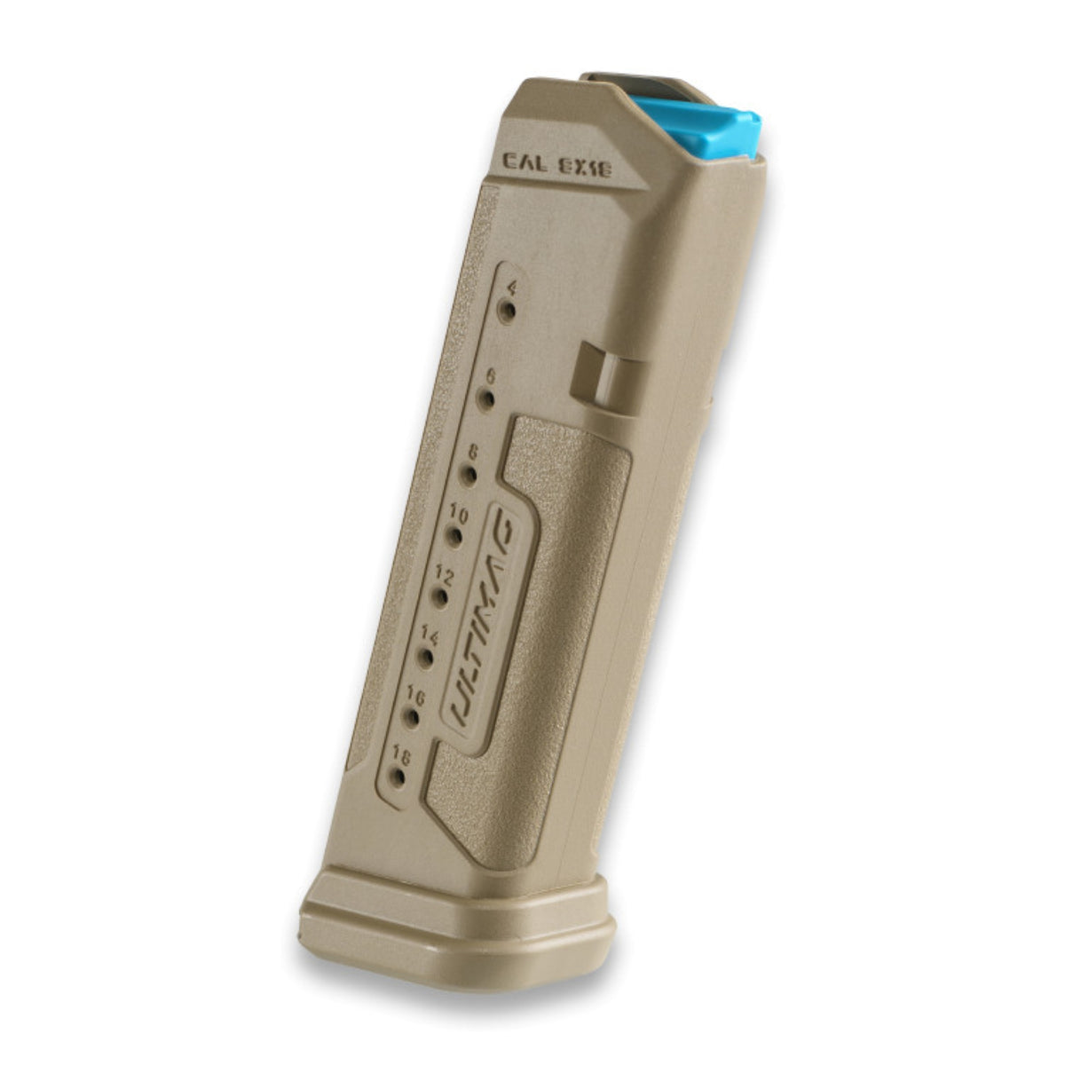 FAB Defense Ultimag 17: Caricatore da 18 colpi per Glock 17 e varianti in calibro 9x19 mm Parabellum. Realizzato in polimero rinforzato di alta qualità con fori laterali numerati per il controllo rapido dei colpi residui. Dotato di elevatore blu ad alta visibilità e base svasata per una presa rapida.