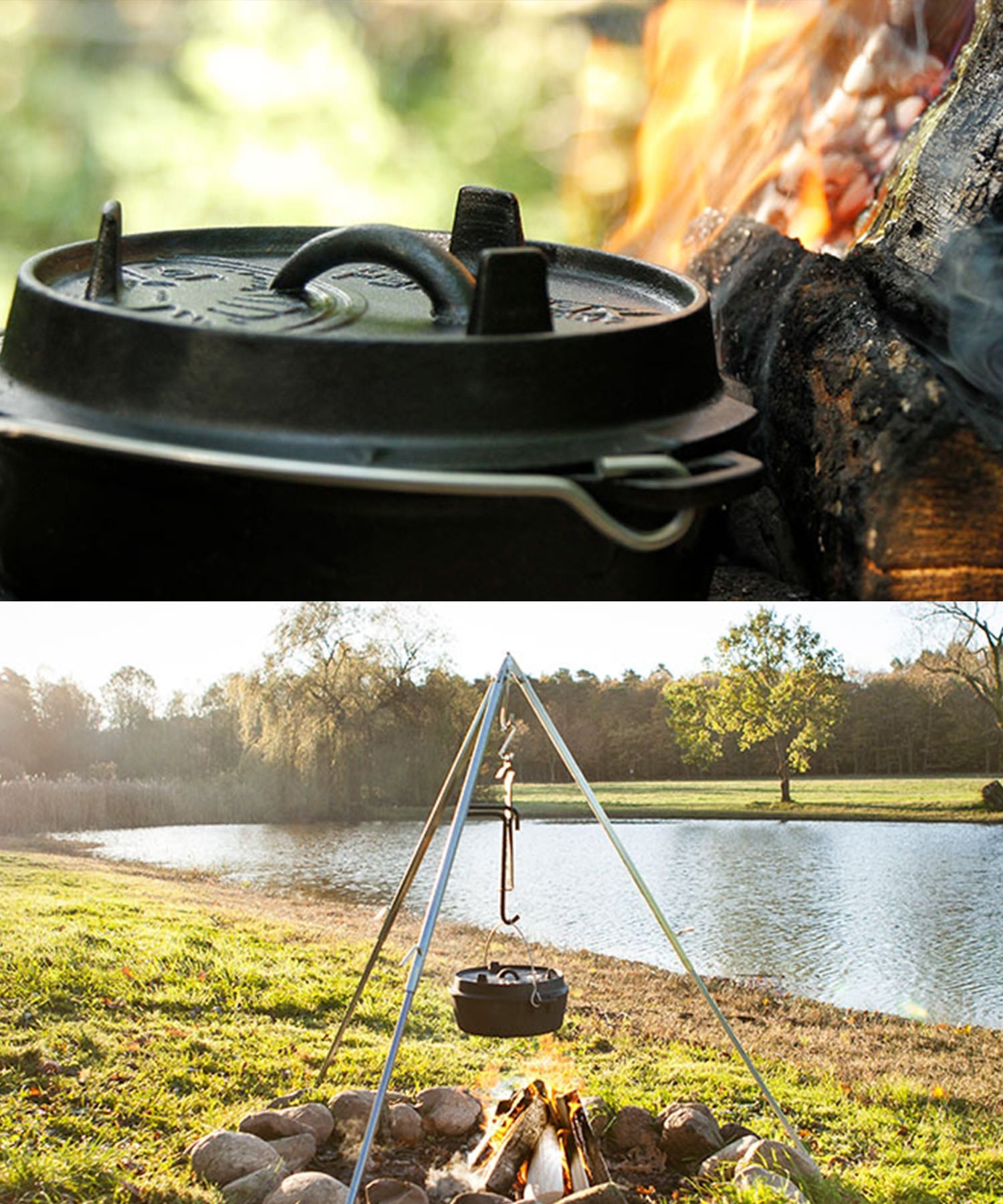 la dutch oven di petromax sul fuoco vivo e su fiamma sospesa in outdoor