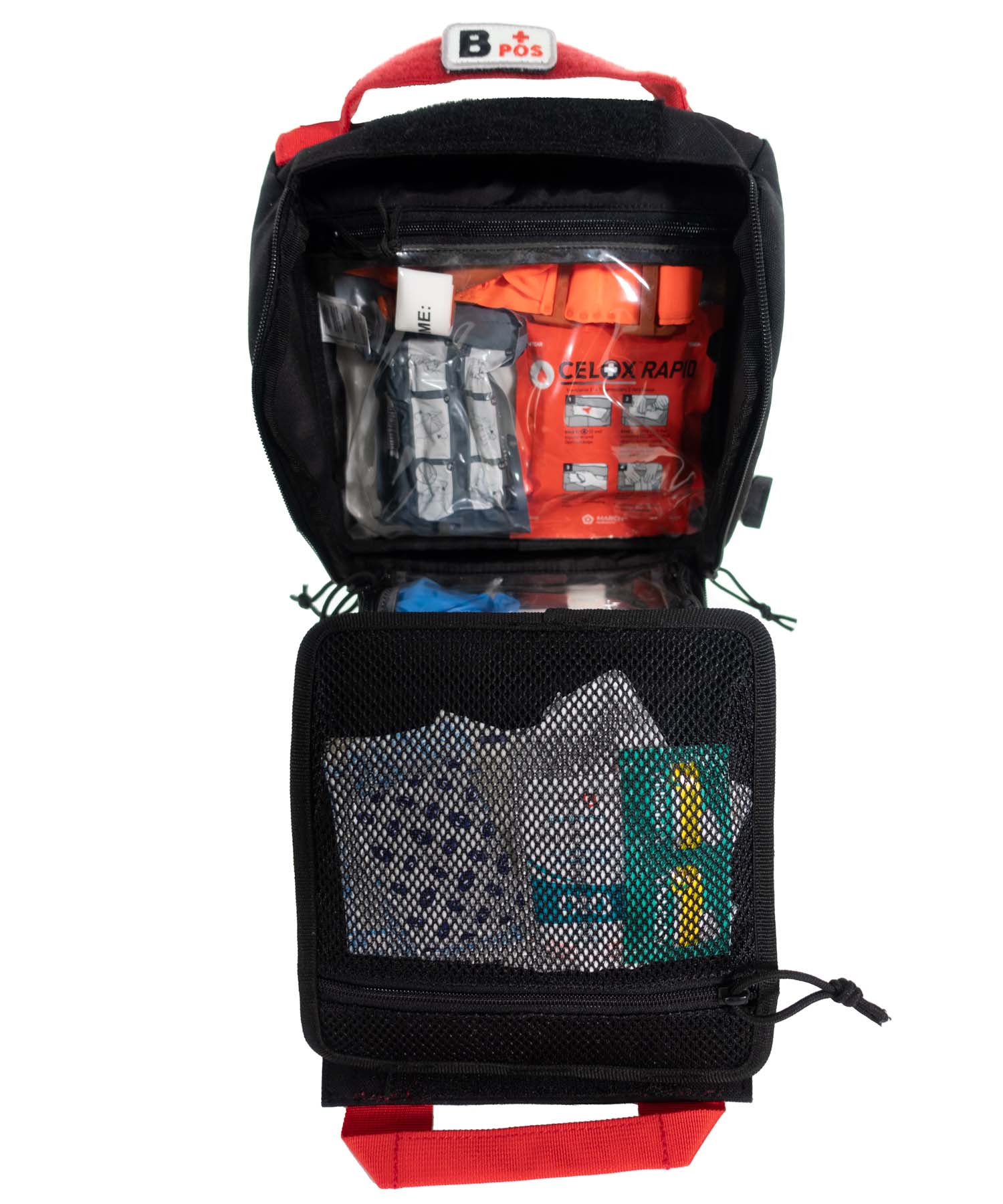 vista del med pouch gear set aperto a due tasche con medicine e presidi di primo soccorso