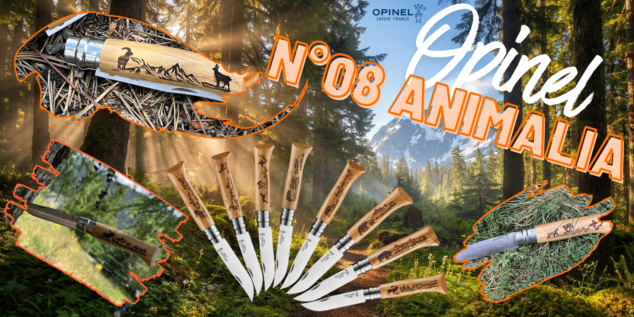 Opinel N 08 Animalia. Coltelli chiudibili con lame in acciaio inossidabile e manici in legno incisi al laser con motivi naturalistici, dotati di sistema di sicurezza Virobloc