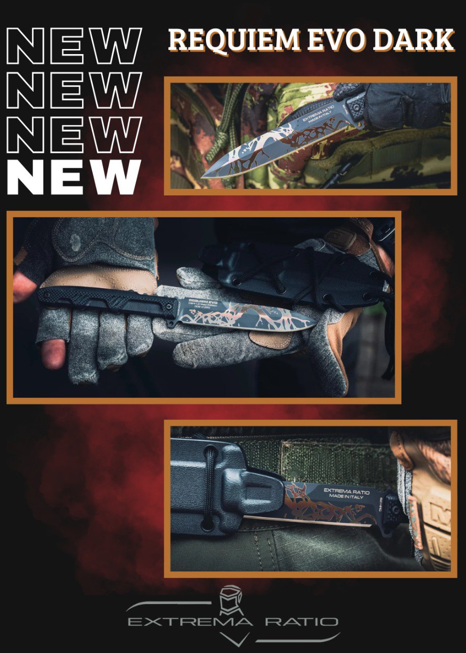 Banner promozionale nuovo coltello Extrema Ratio Requiem Evo Dark, lama fissa in edizione limitata, coltello tattico con fodero e grafica brunita, su backpacco.it